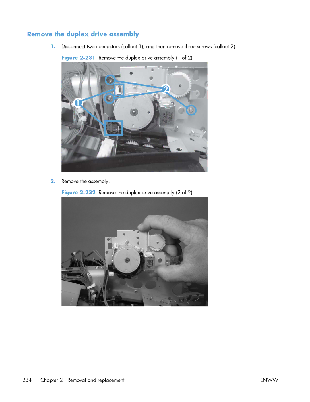 HP Enterprise 500 manual Remove the duplex drive assembly 