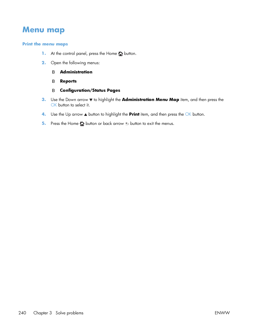 HP Enterprise 500 manual Menu map, Print the menu maps 