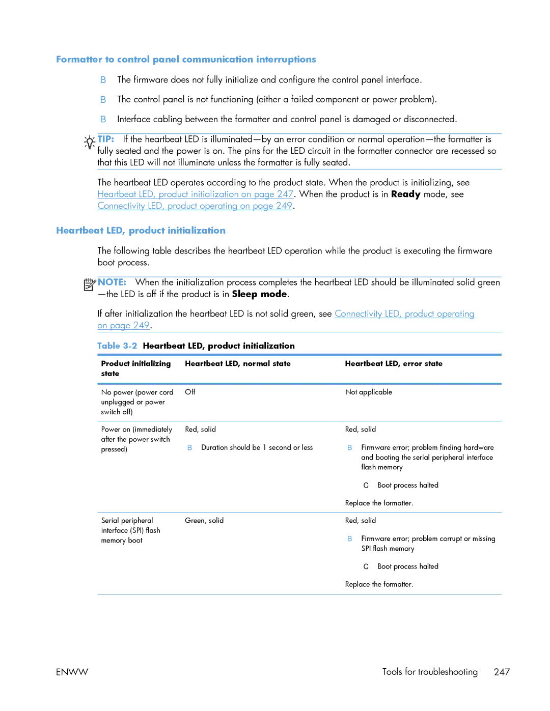 HP Enterprise 500 manual Formatter to control panel communication interruptions, Heartbeat LED, product initialization 