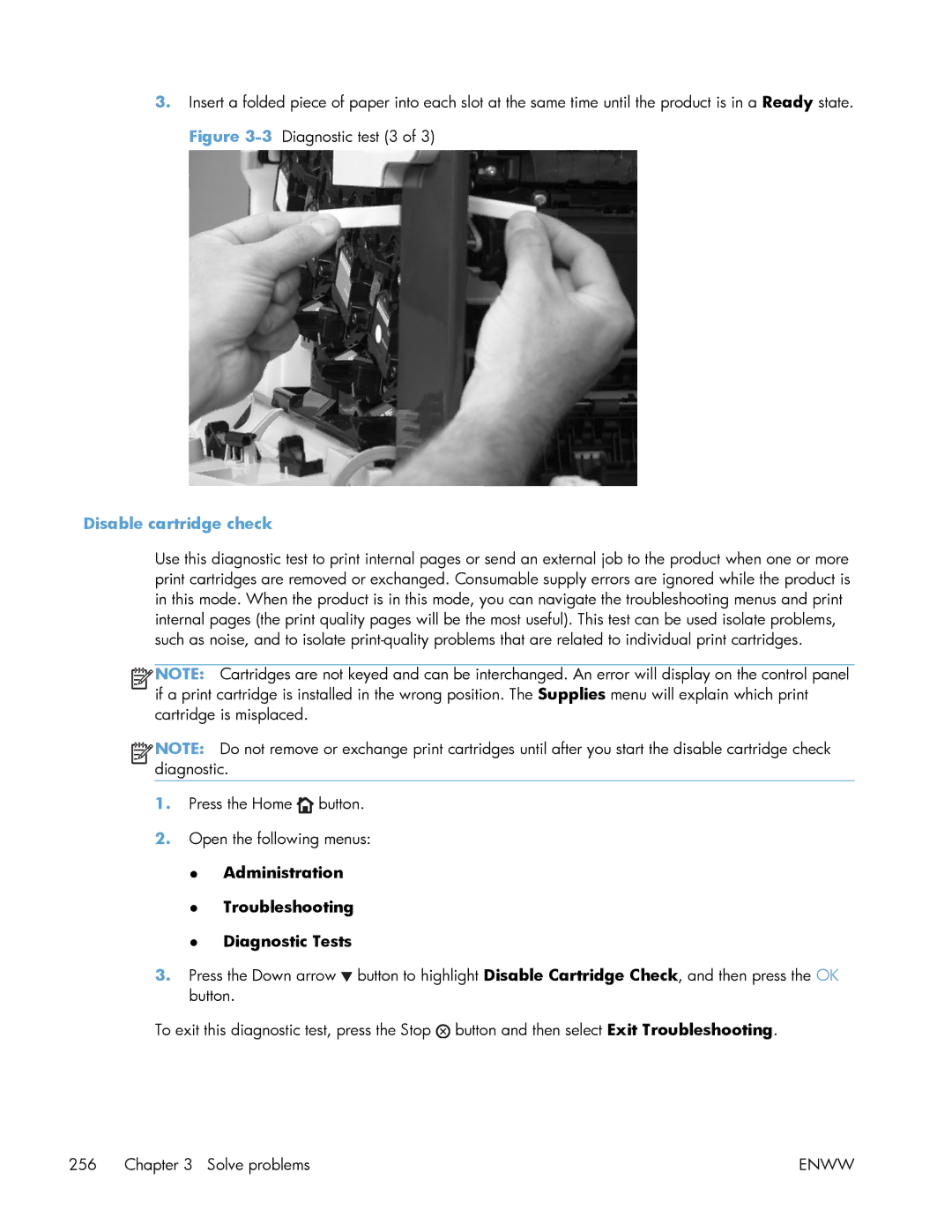 HP Enterprise 500 manual Disable cartridge check, Administration Troubleshooting Diagnostic Tests 