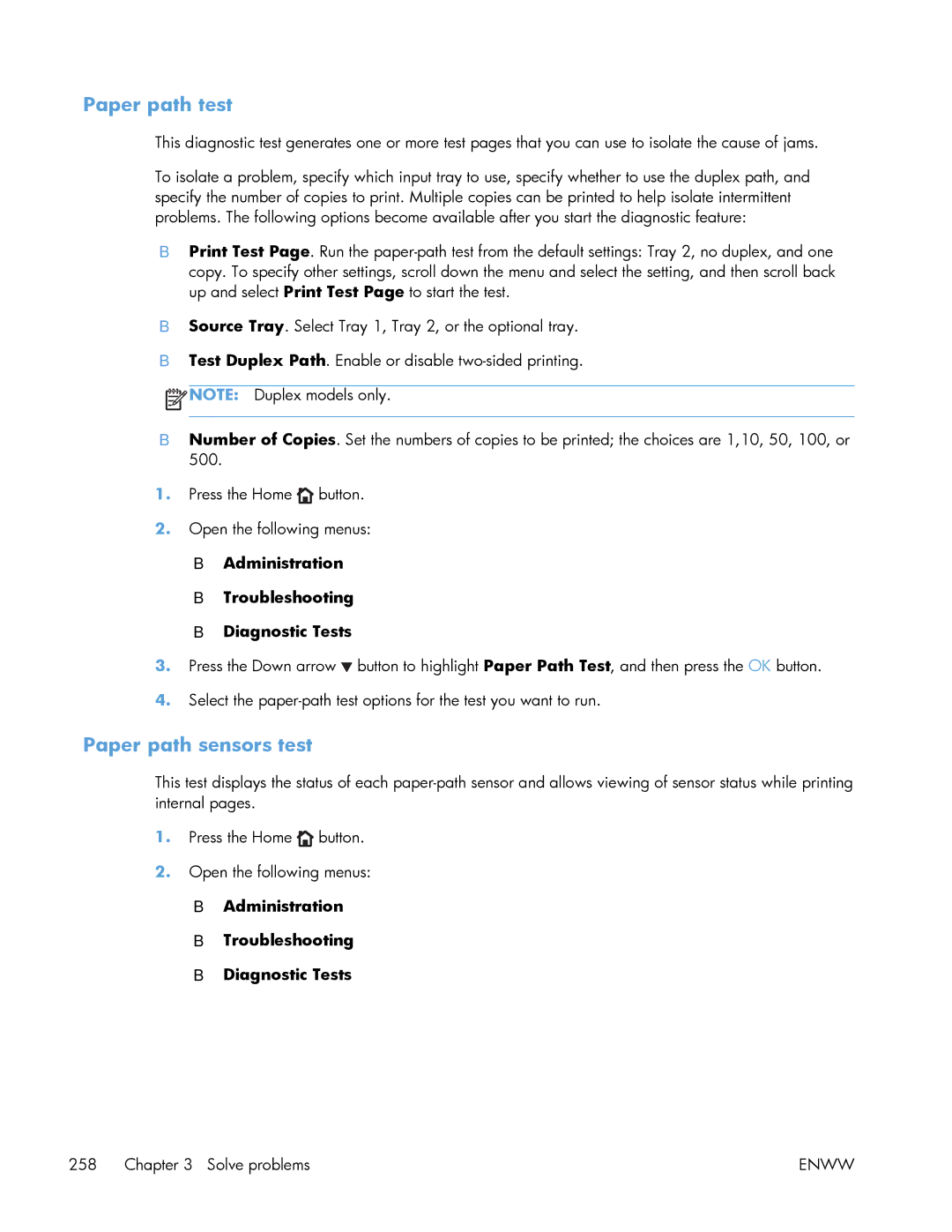 HP Enterprise 500 manual Paper path test, Paper path sensors test 