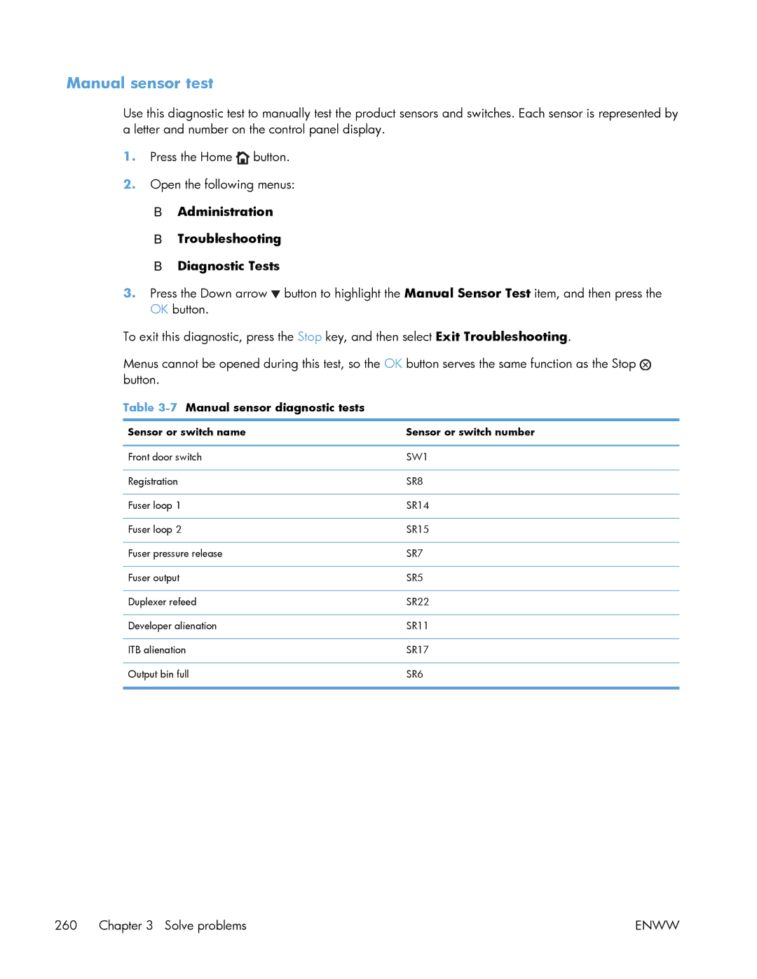 HP Enterprise 500 manual Manual sensor test, 7Manual sensor diagnostic tests, Sensor or switch name Sensor or switch number 