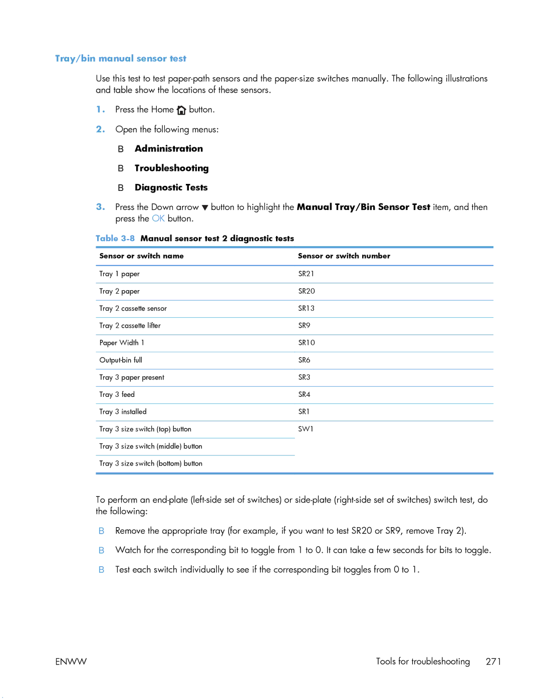 HP Enterprise 500 Tray/bin manual sensor test, 8Manual sensor test 2 diagnostic tests 