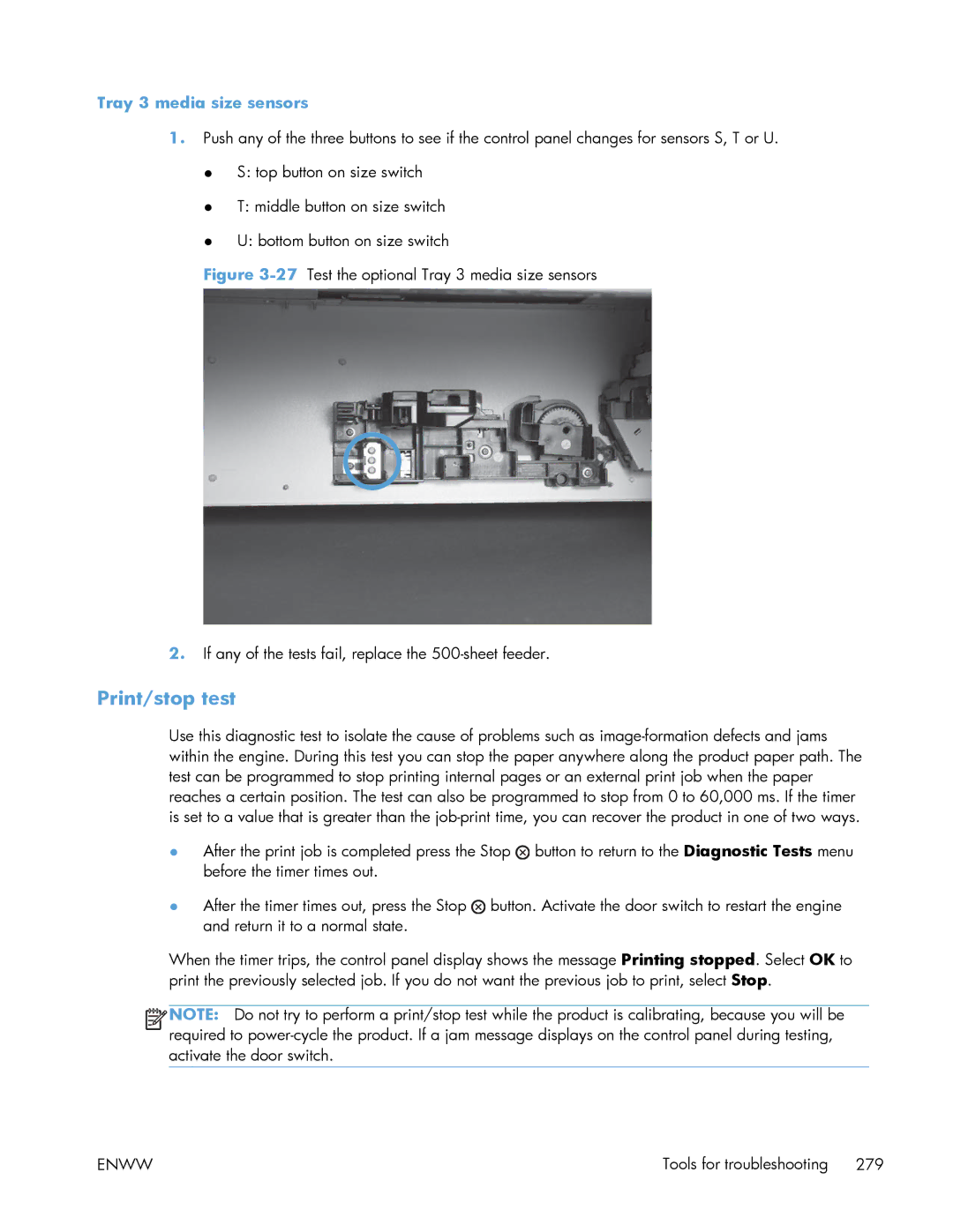 HP Enterprise 500 manual Print/stop test, Tray 3 media size sensors 