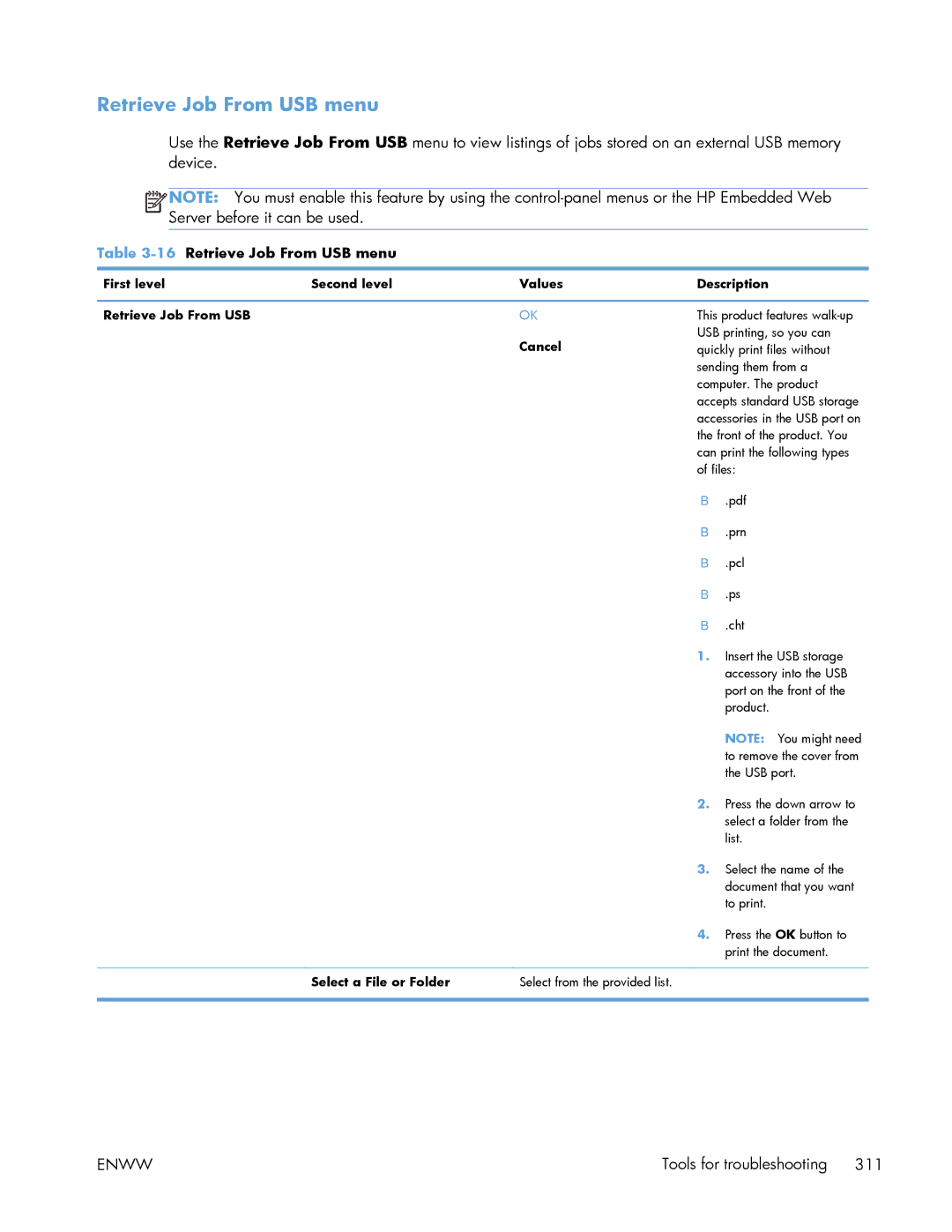 HP Enterprise 500 manual Retrieve Job From USB menu, Cancel, Select a File or Folder 