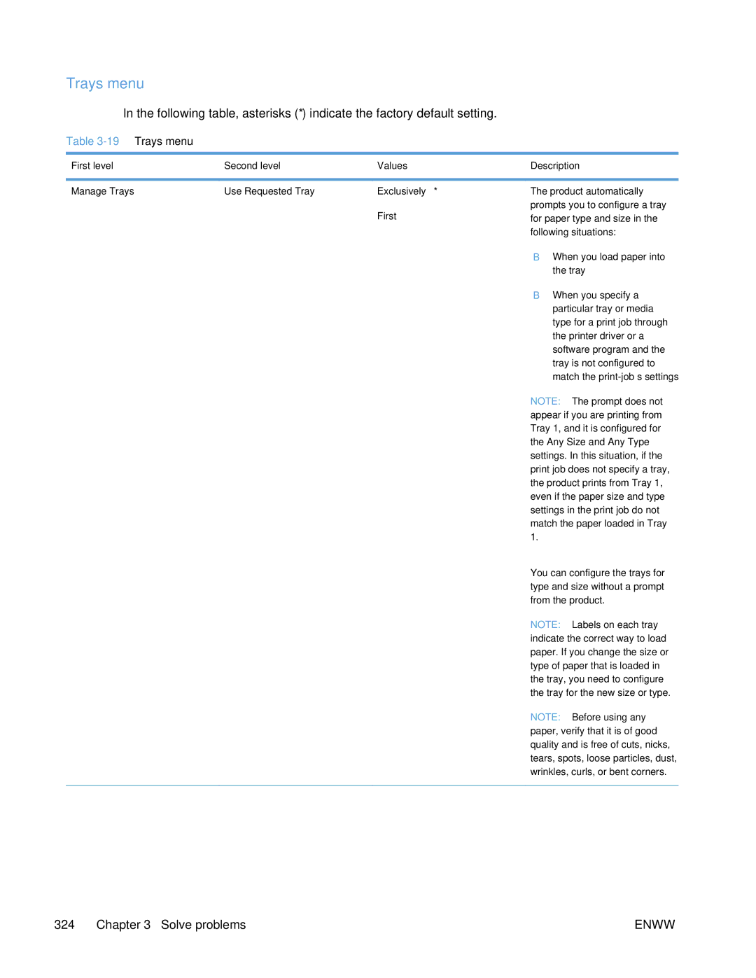 HP Enterprise 500 manual Trays menu, First level Second level Values, Manage Trays Use Requested Tray Exclusively First 