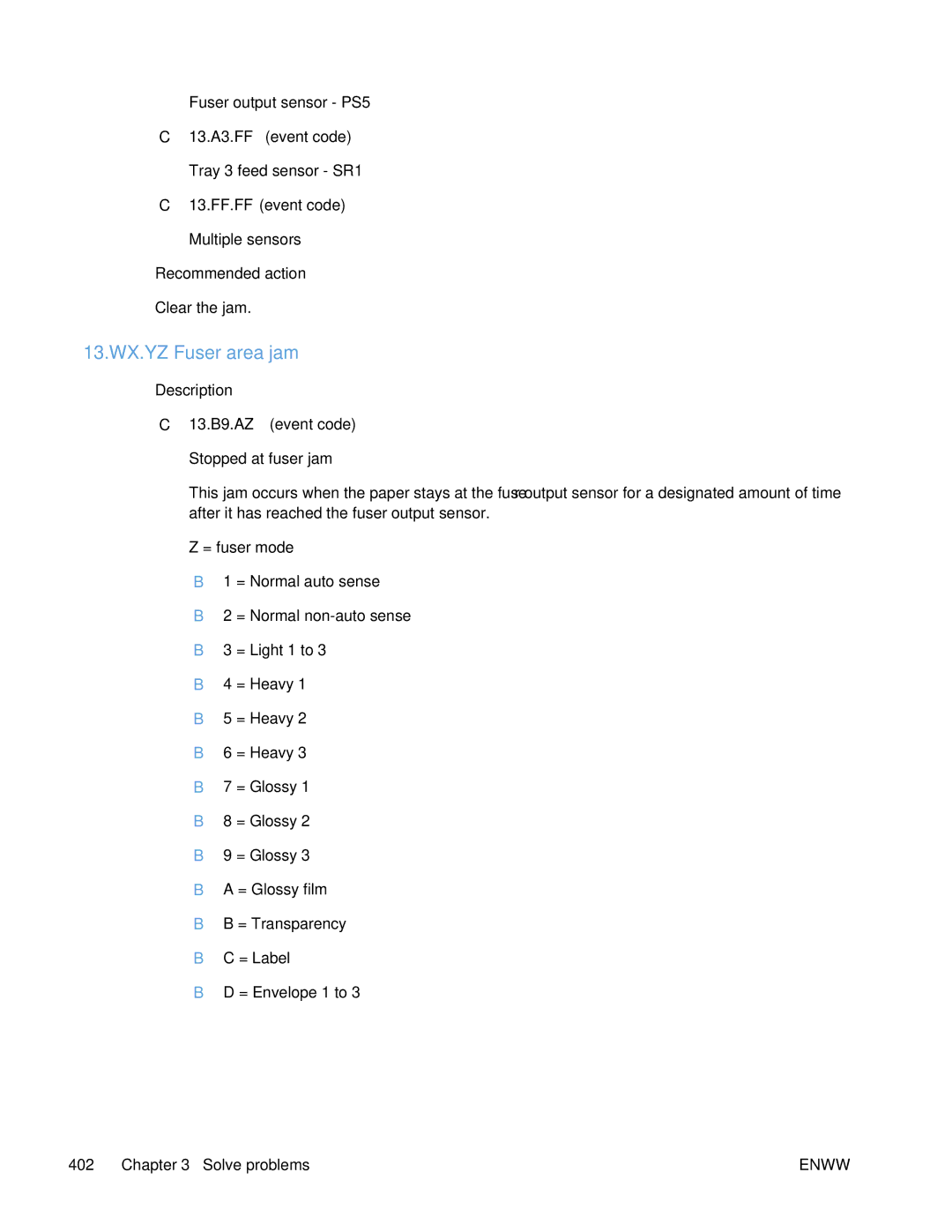 HP Enterprise 500 manual 13.WX.YZ Fuser area jam 