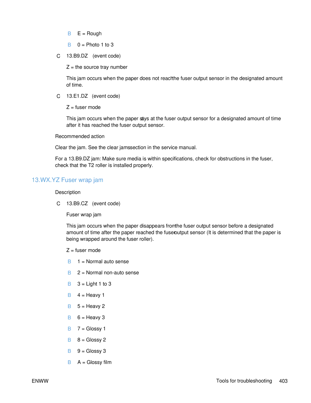 HP Enterprise 500 manual 13.WX.YZ Fuser wrap jam 