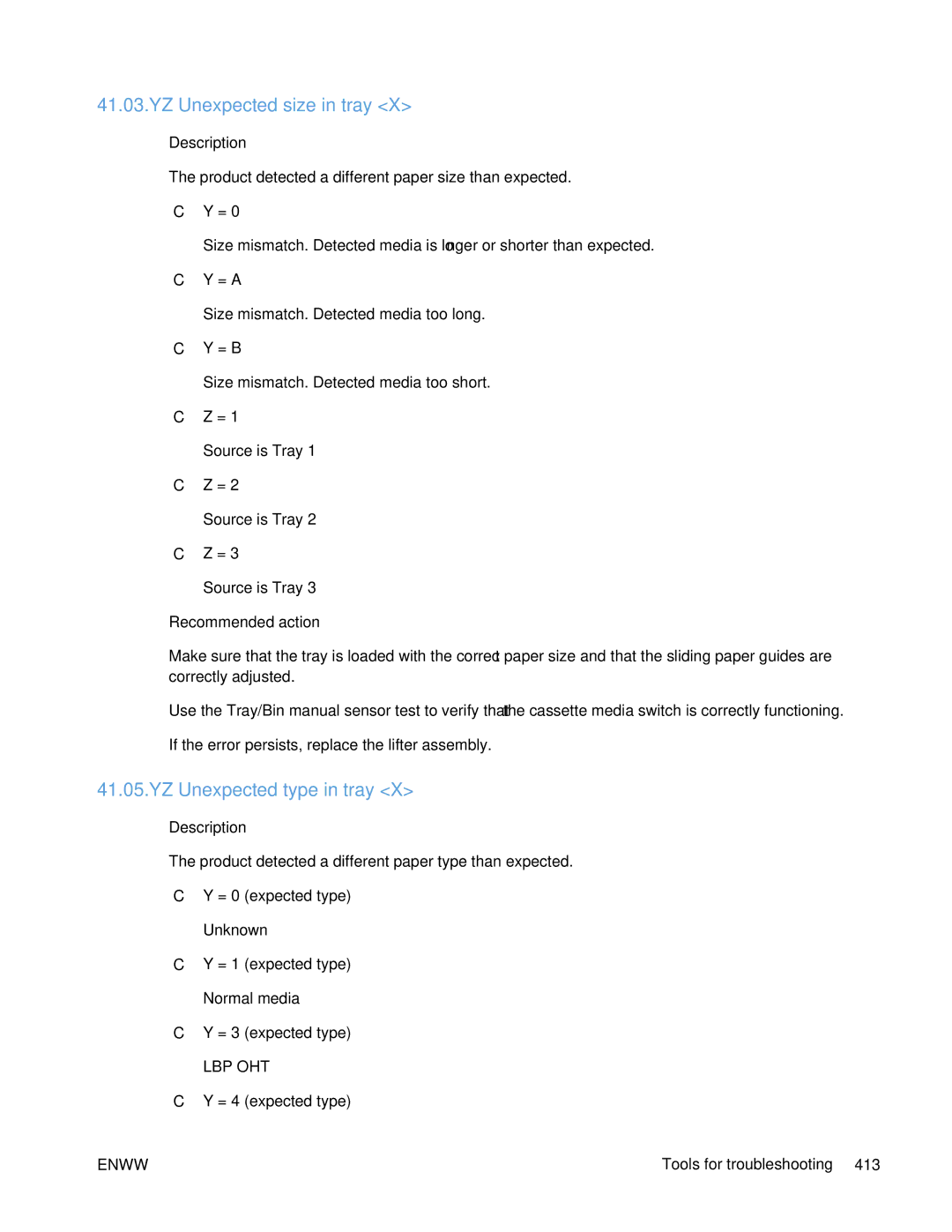 HP Enterprise 500 manual YZ Unexpected size in tray, YZ Unexpected type in tray 