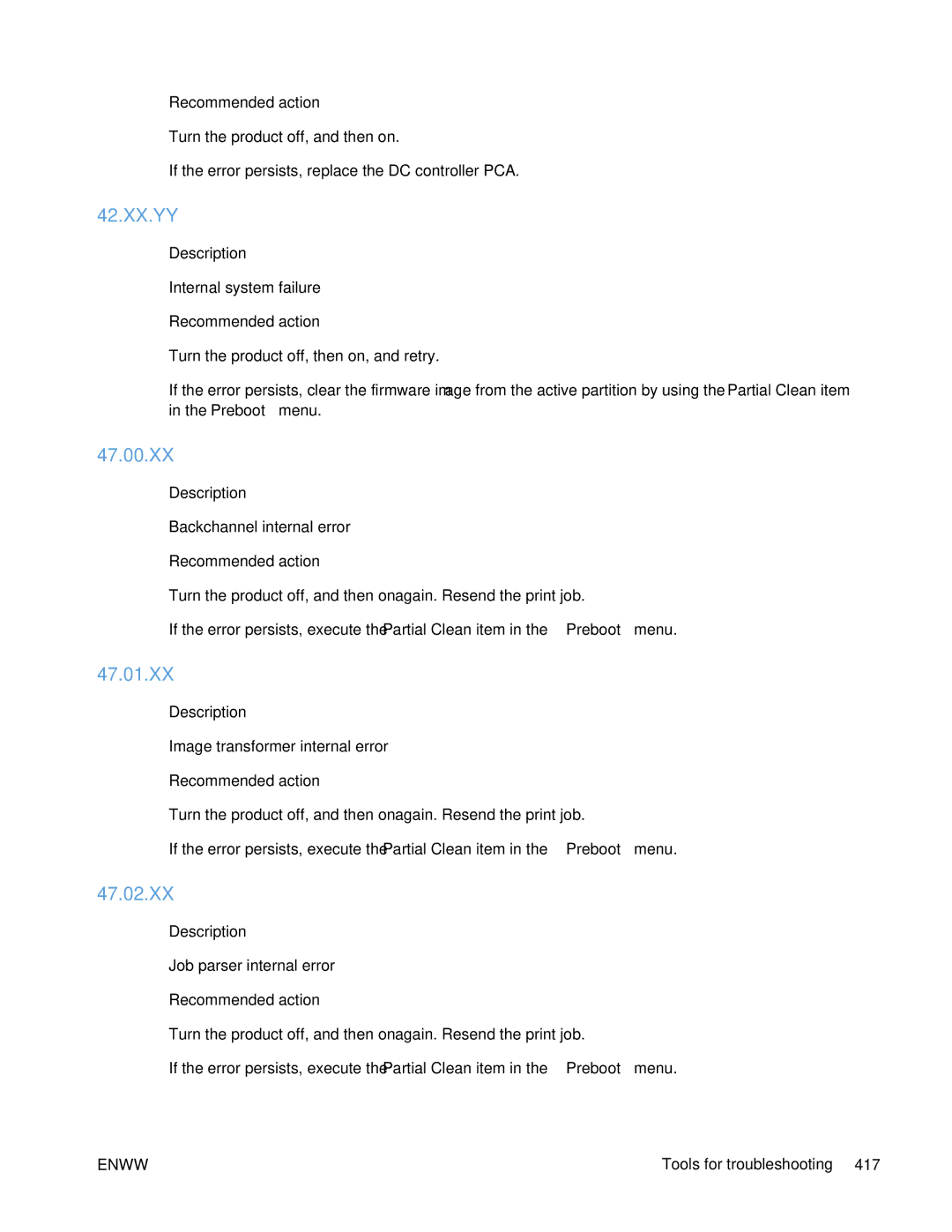 HP Enterprise 500 manual 42.XX.YY, 47.00.XX, 47.01.XX, 47.02.XX 