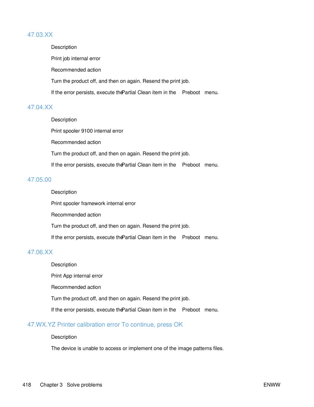 HP Enterprise 500 manual 47.03.XX, 47.04.XX, 47.05.00, 47.06.XX, 47.WX.YZ Printer calibration error To continue, press OK 