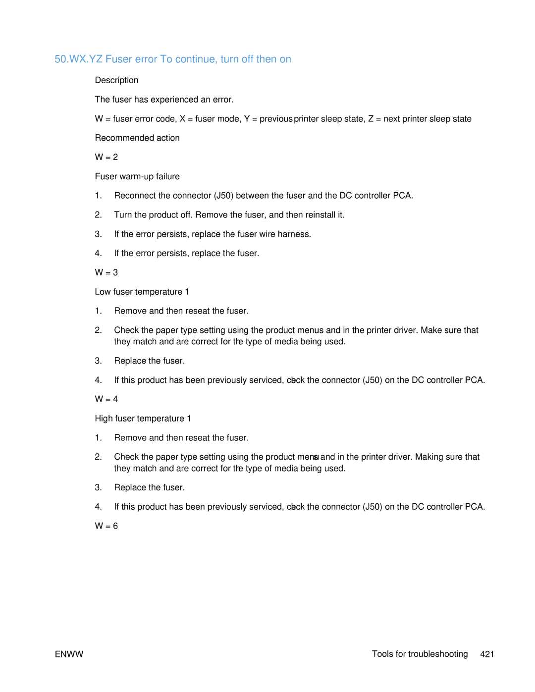 HP Enterprise 500 manual 50.WX.YZ Fuser error To continue, turn off then on 