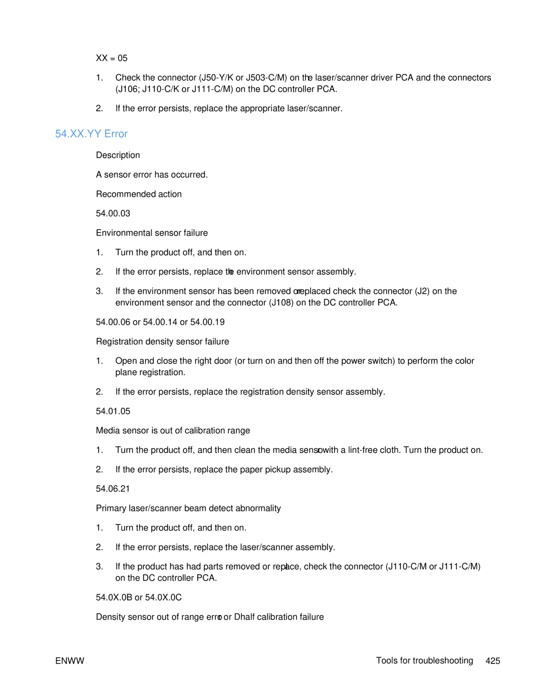 HP Enterprise 500 manual 54.XX.YY Error, Recommended action 54.00.03 