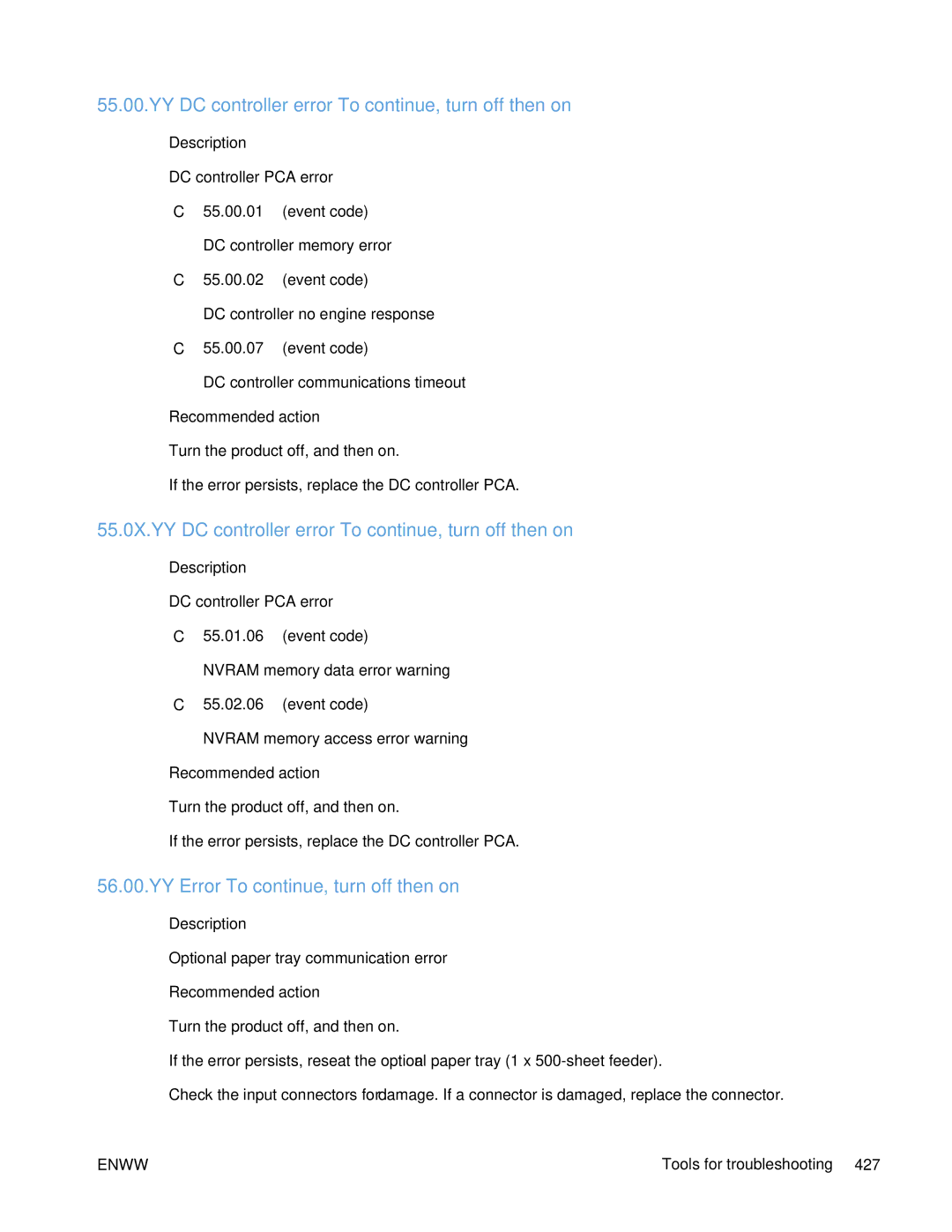 HP Enterprise 500 manual YY DC controller error To continue, turn off then on, YY Error To continue, turn off then on 