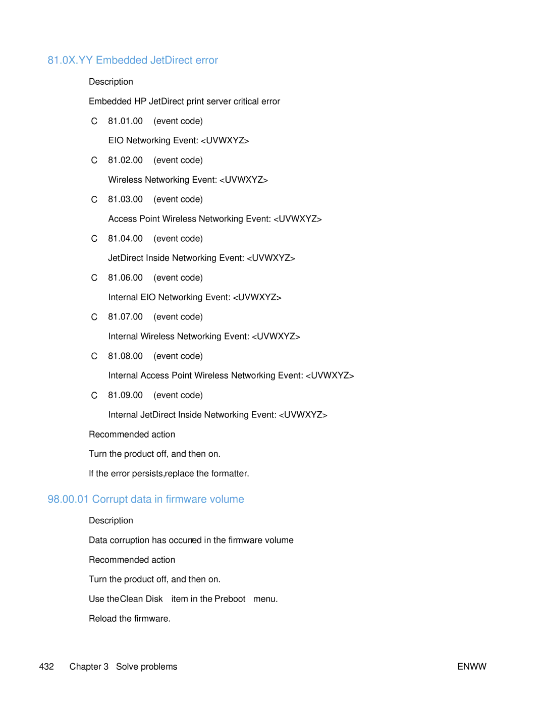 HP Enterprise 500 manual 81.0X.YY Embedded JetDirect error, Corrupt data in firmware volume 