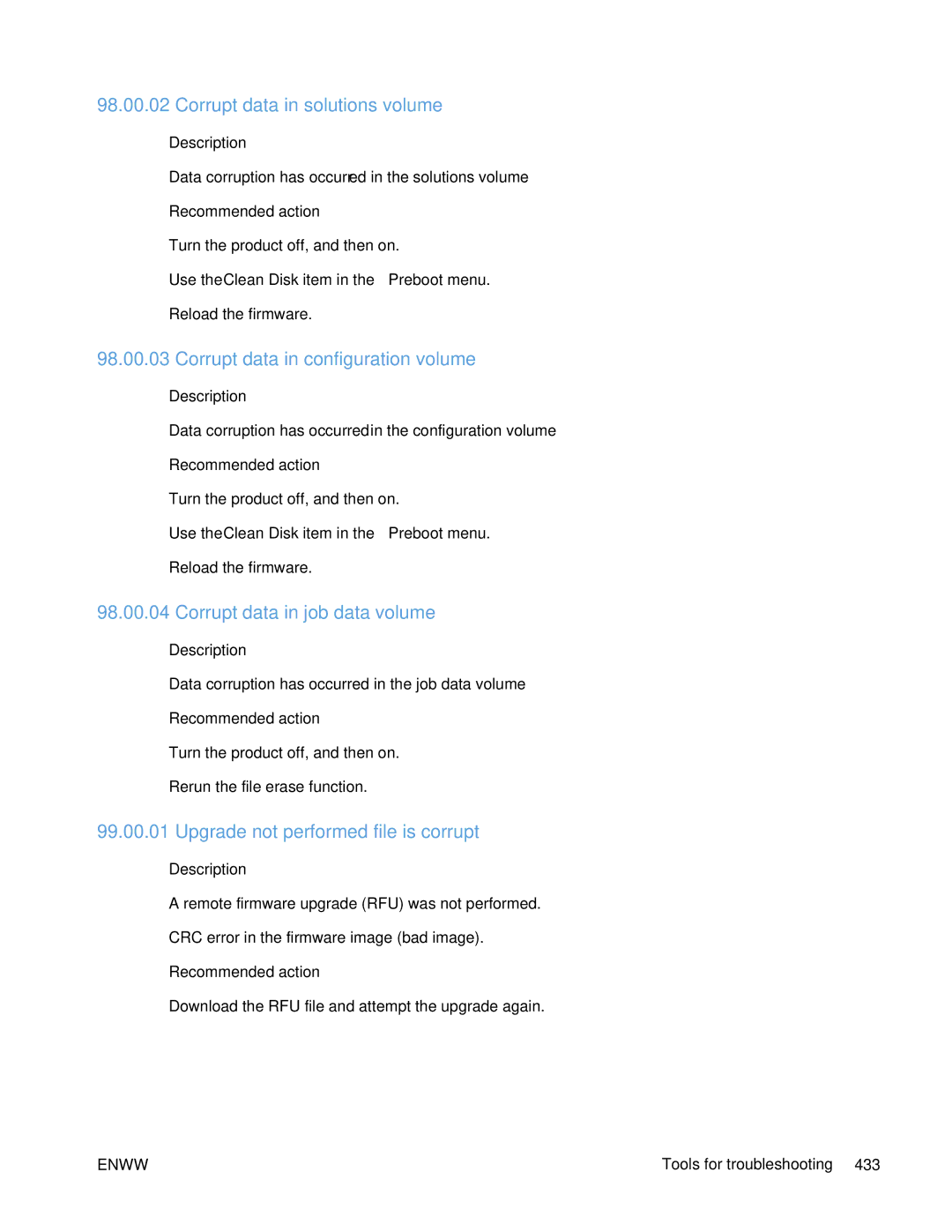 HP Enterprise 500 Corrupt data in solutions volume, Corrupt data in configuration volume, Corrupt data in job data volume 