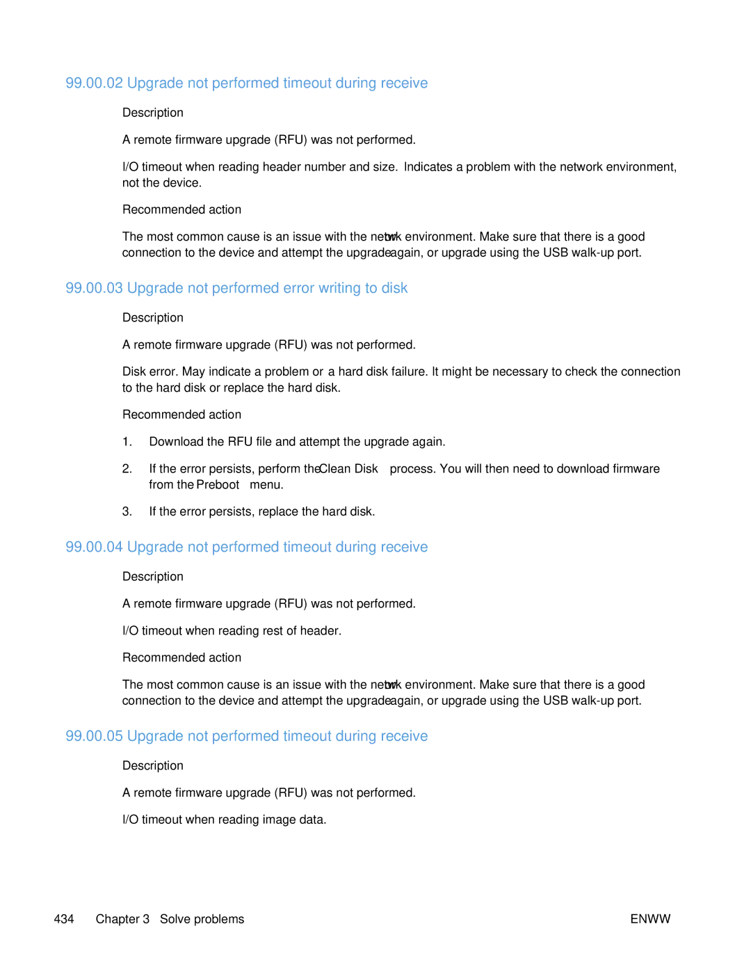 HP Enterprise 500 manual Upgrade not performed timeout during receive, Upgrade not performed error writing to disk 