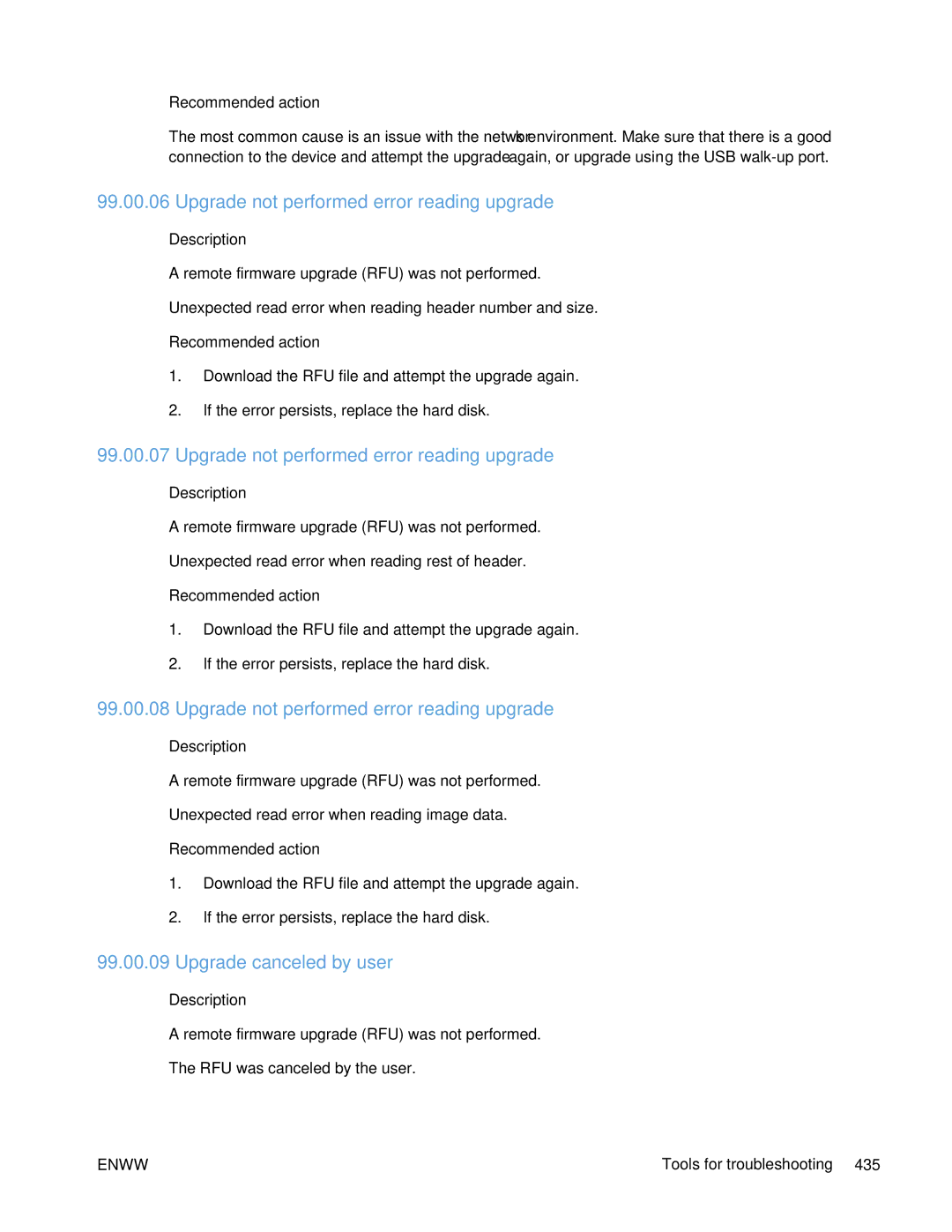 HP Enterprise 500 manual Upgrade not performed error reading upgrade, Upgrade canceled by user 