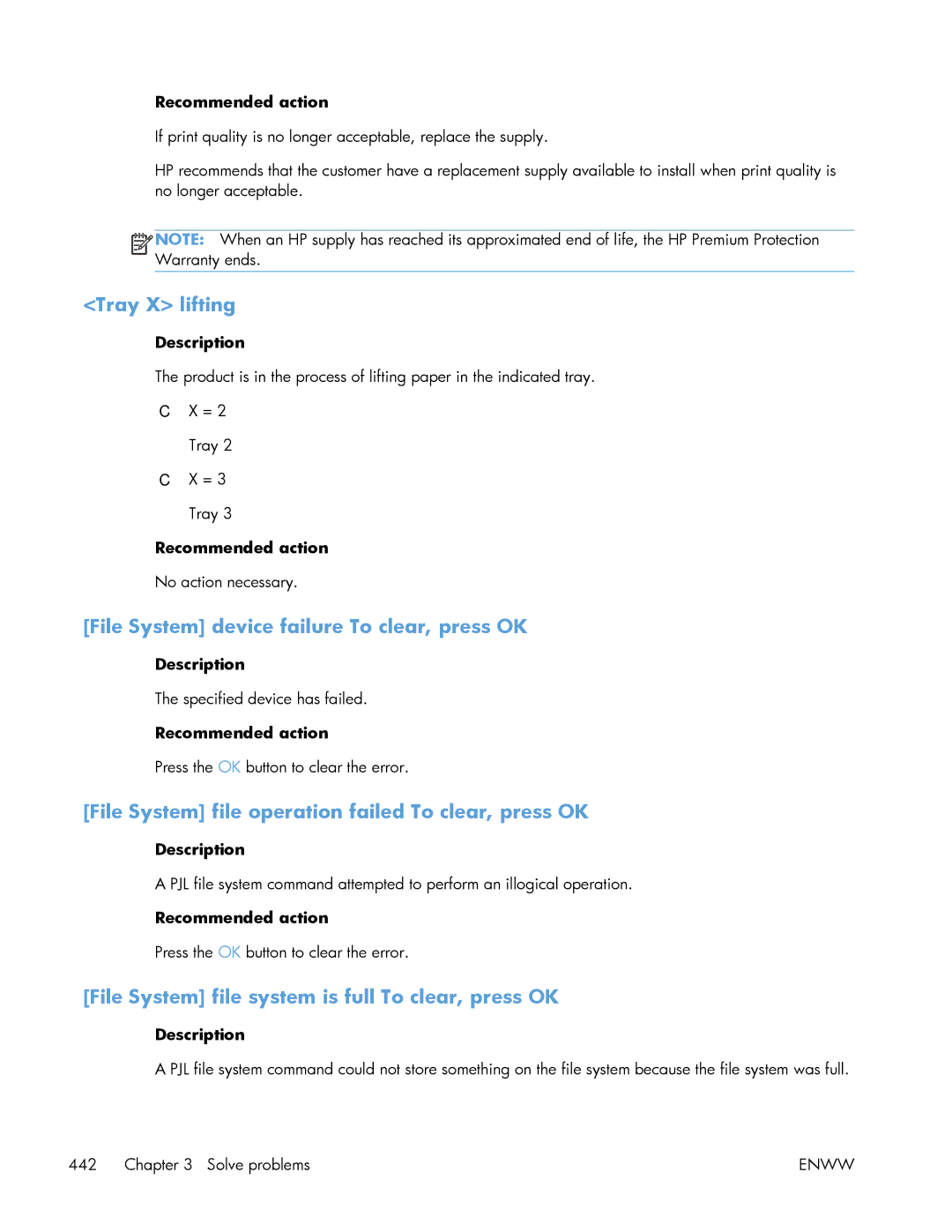 HP Enterprise 500 manual Tray X lifting, File System device failure To clear, press OK 