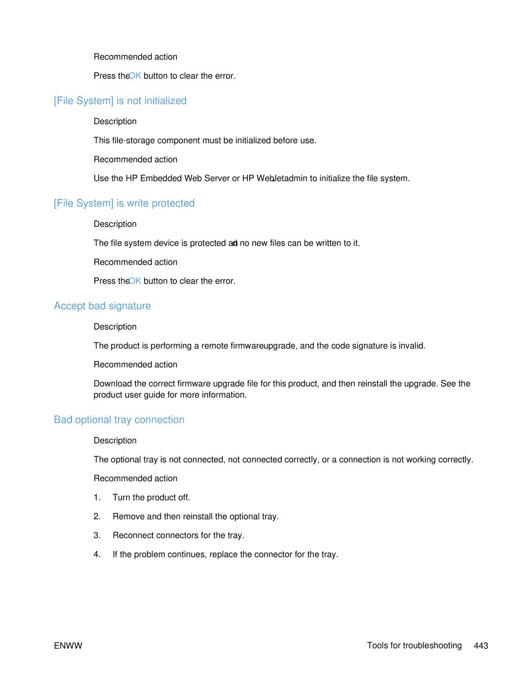 HP Enterprise 500 manual File System is not initialized, File System is write protected, Accept bad signature 