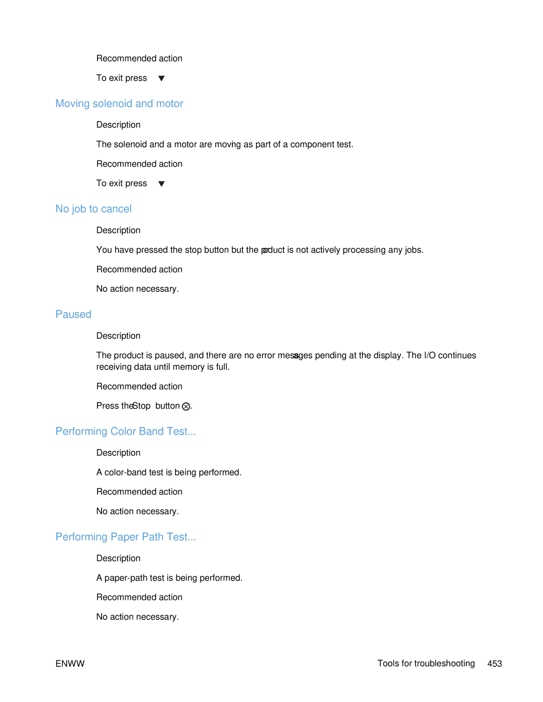 HP Enterprise 500 manual Moving solenoid and motor, No job to cancel, Paused, Performing Color Band Test 