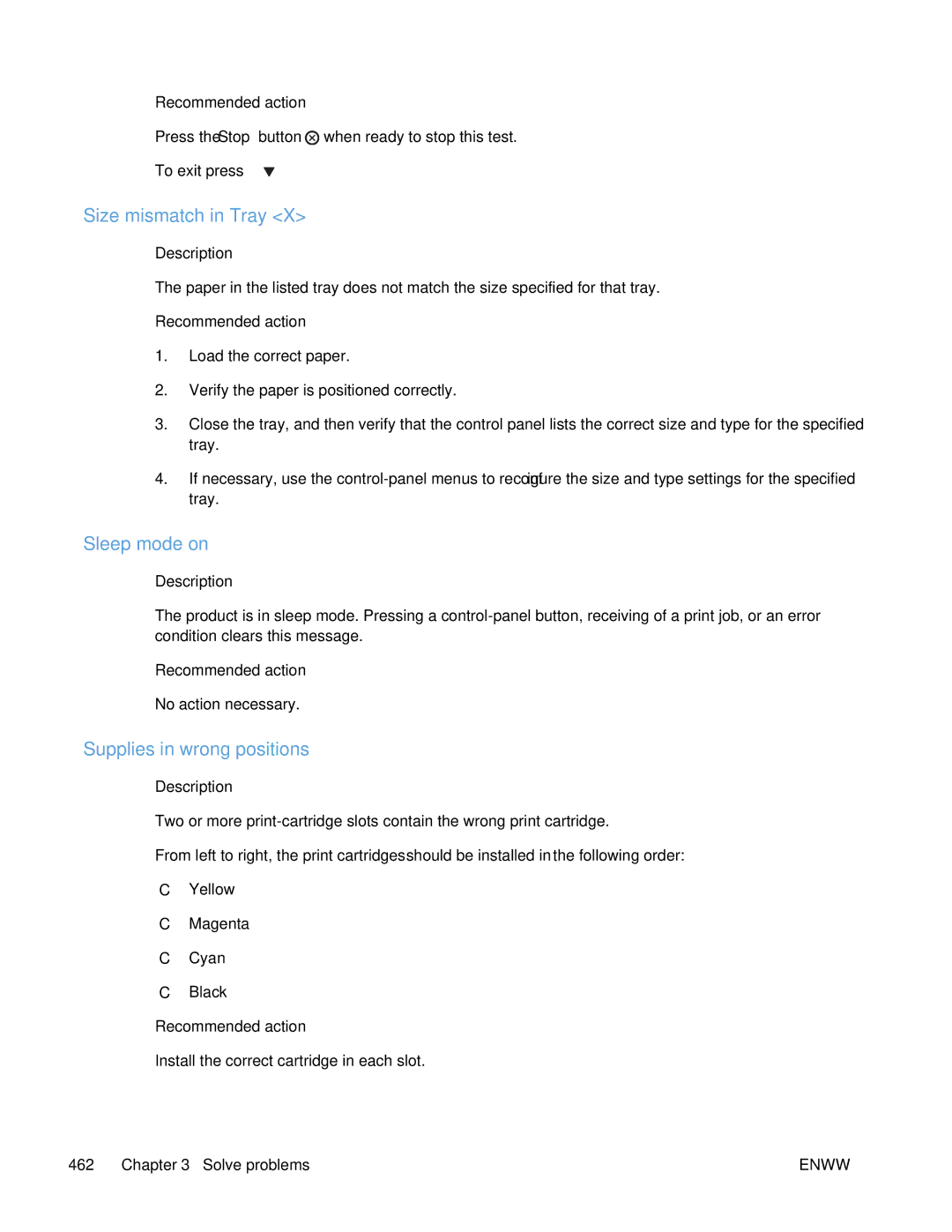 HP Enterprise 500 manual Size mismatch in Tray, Sleep mode on, Supplies in wrong positions 