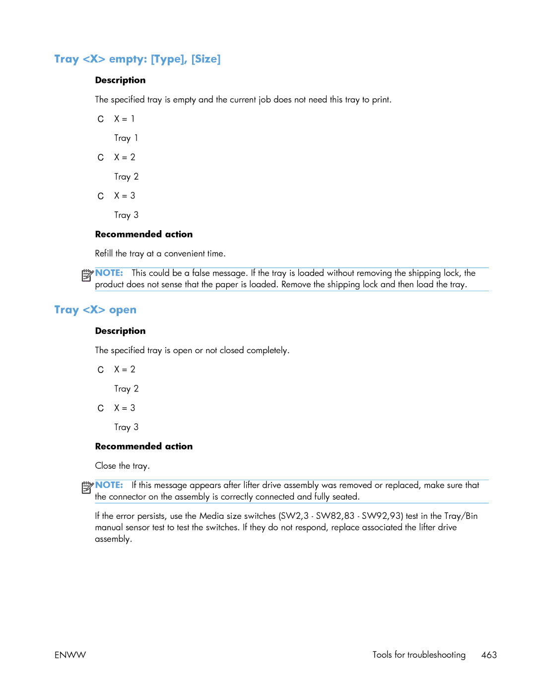 HP Enterprise 500 manual Tray X empty Type, Size, Tray X open 