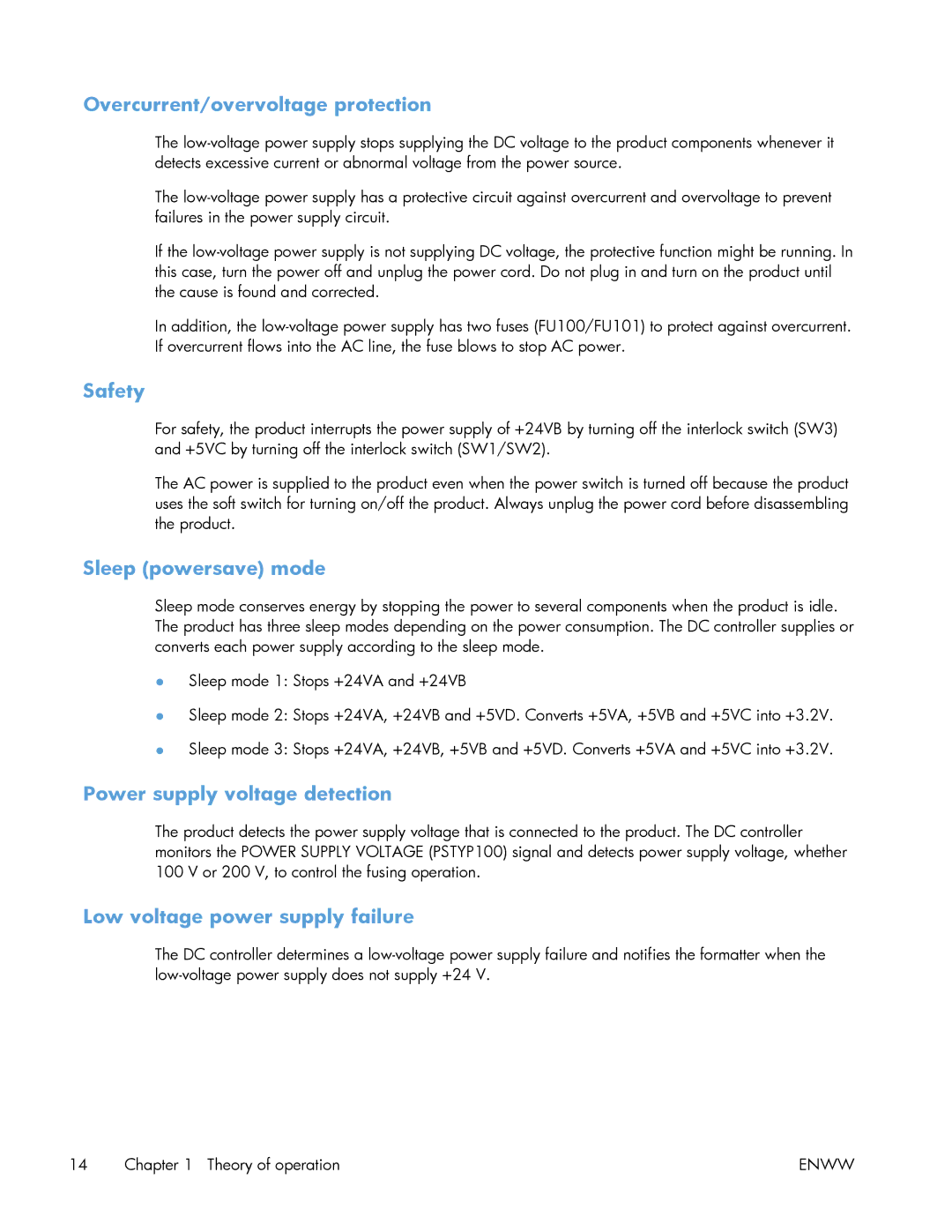 HP Enterprise 500 manual Overcurrent/overvoltage protection, Safety, Sleep powersave mode, Power supply voltage detection 