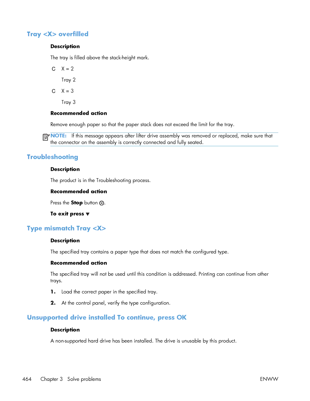 HP Enterprise 500 manual Tray X overfilled, Troubleshooting, Type mismatch Tray 