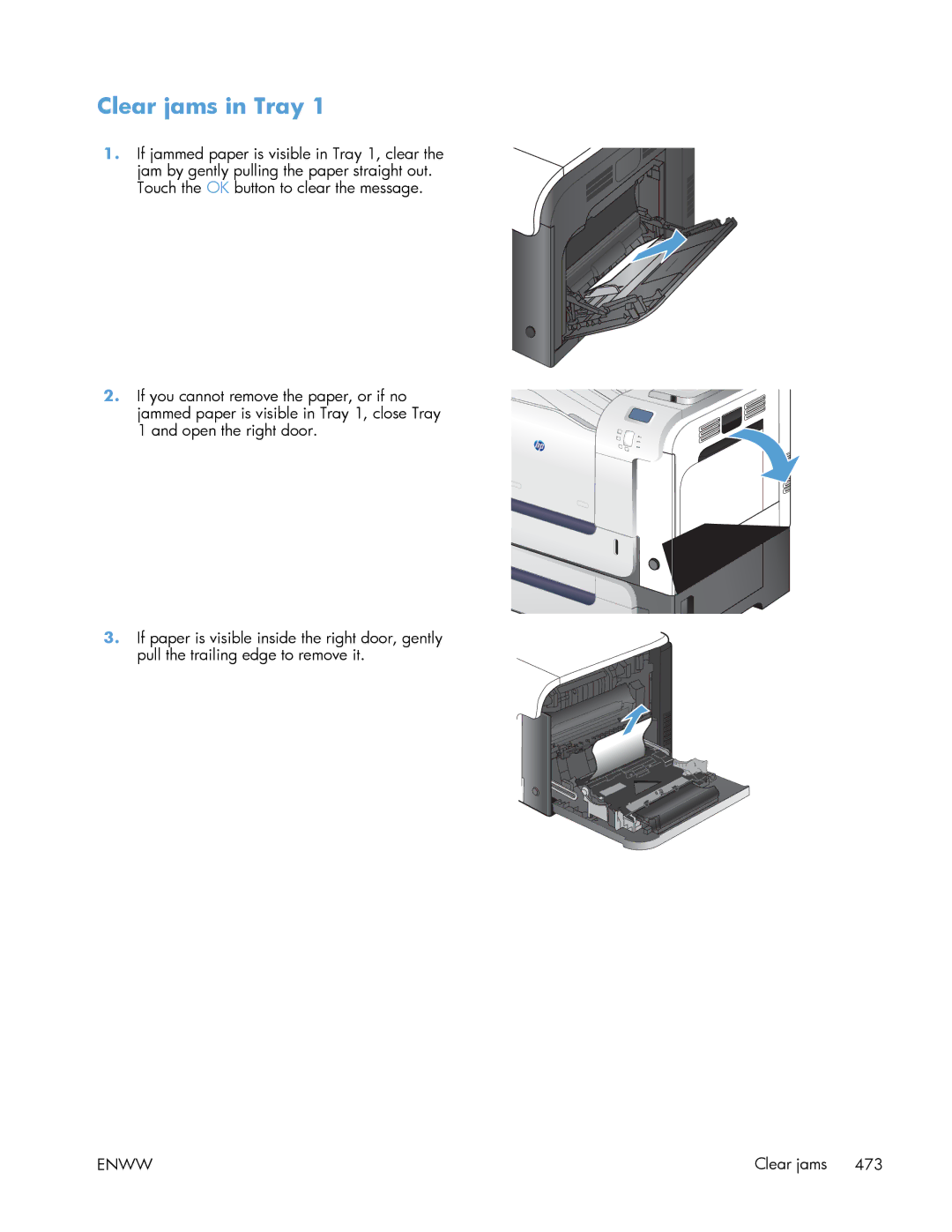 HP Enterprise 500 manual Clear jams in Tray 