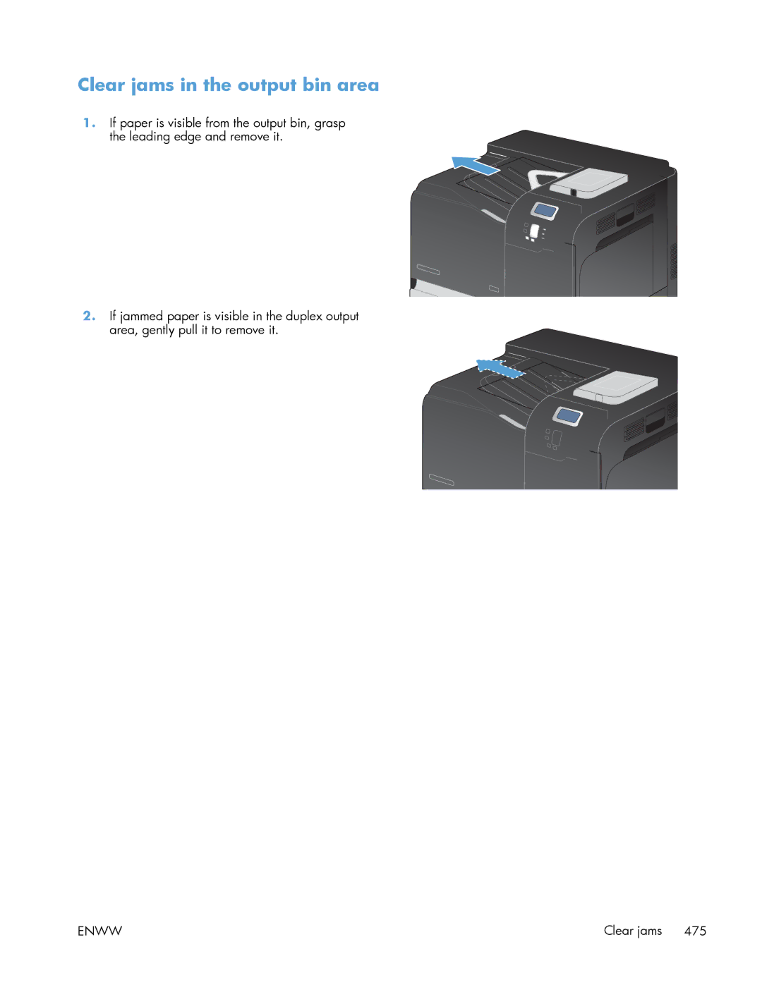 HP Enterprise 500 manual Clear jams in the output bin area 