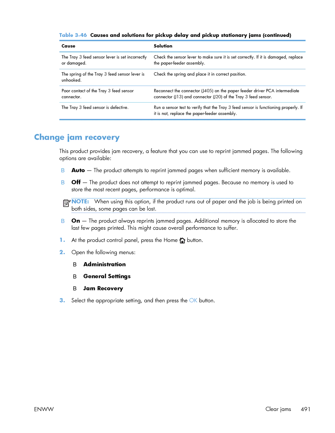 HP Enterprise 500 manual Change jam recovery 