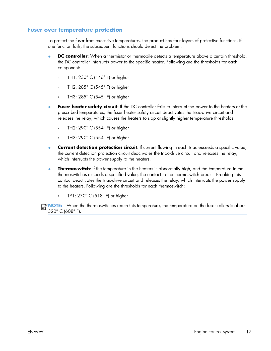 HP Enterprise 500 manual Fuser over temperature protection 