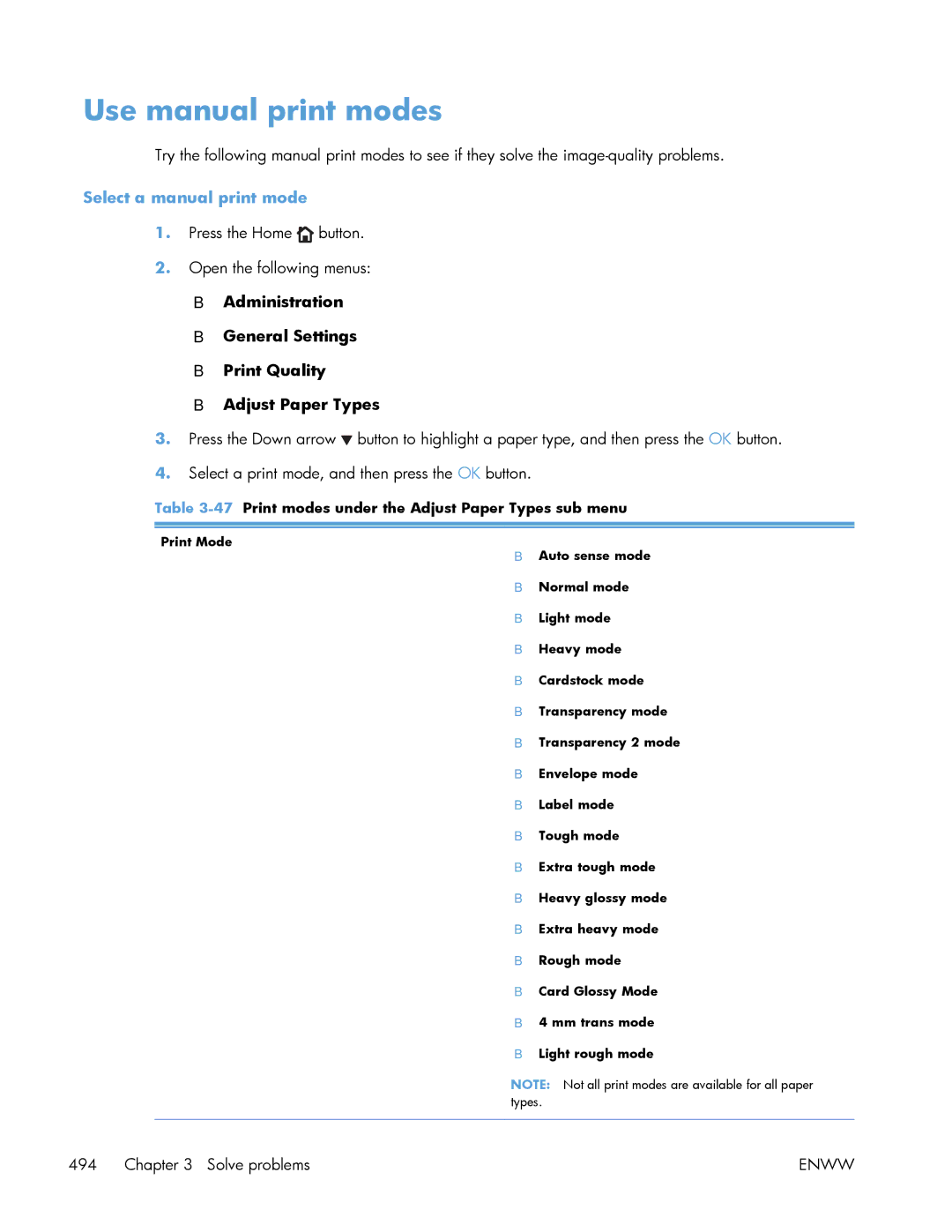HP Enterprise 500 Use manual print modes, Select a manual print mode, 47Print modes under the Adjust Paper Types sub menu 