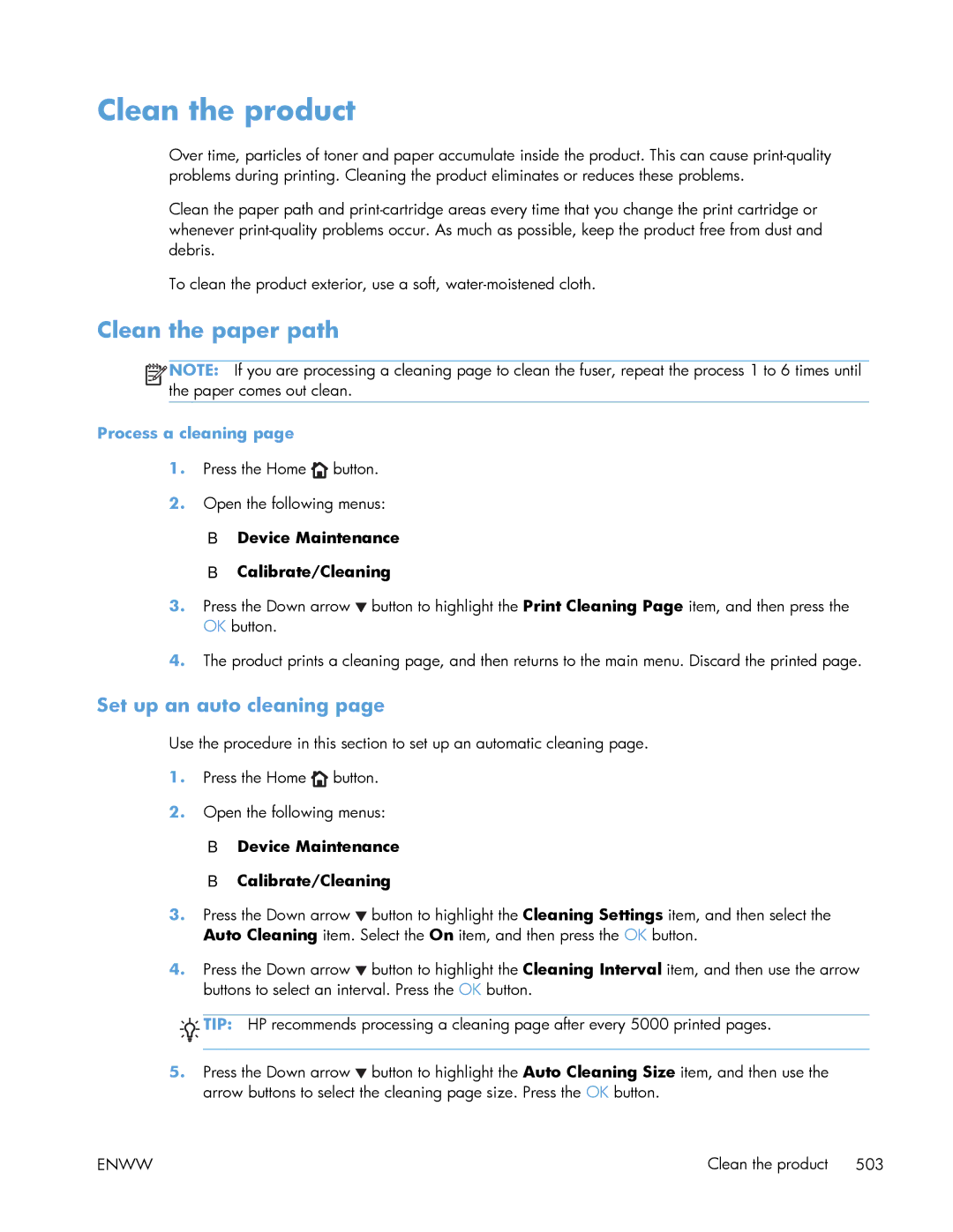 HP Enterprise 500 manual Clean the product, Clean the paper path, Set up an auto cleaning 