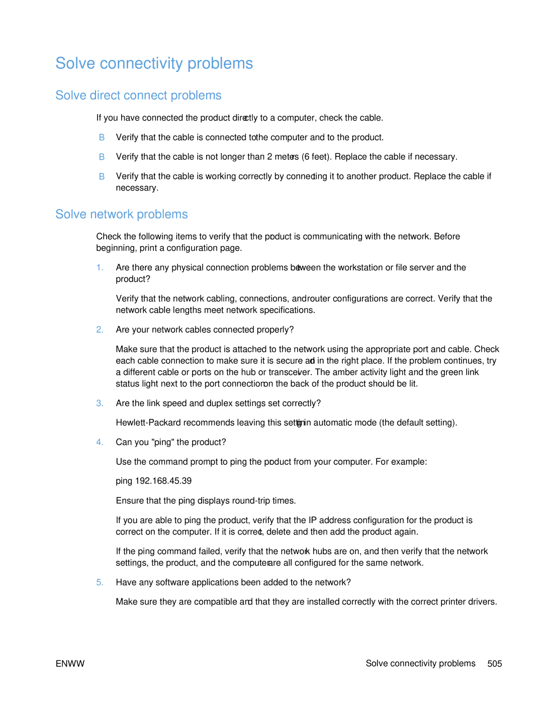 HP Enterprise 500 manual Solve connectivity problems, Solve direct connect problems, Solve network problems 