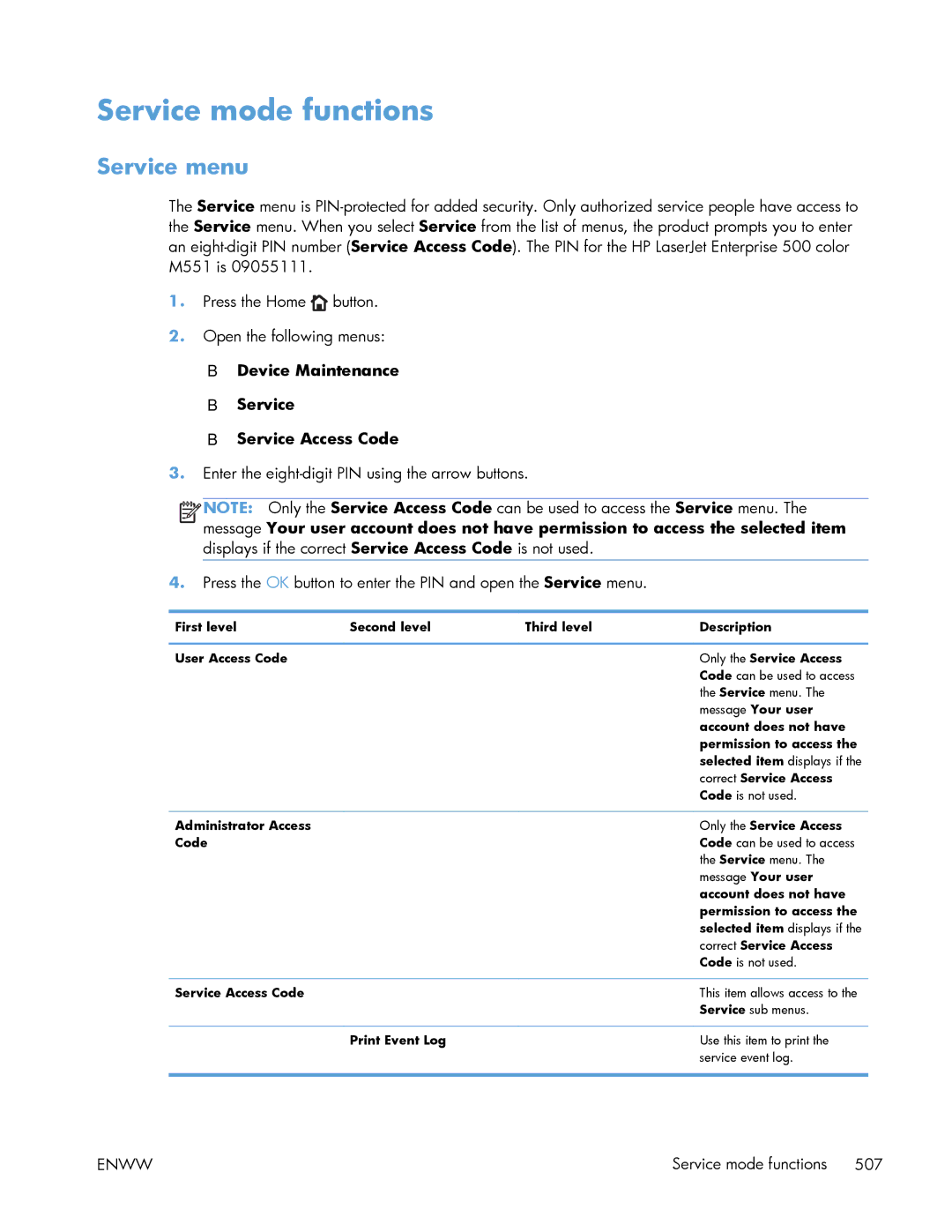 HP Enterprise 500 manual Service mode functions, Service menu 