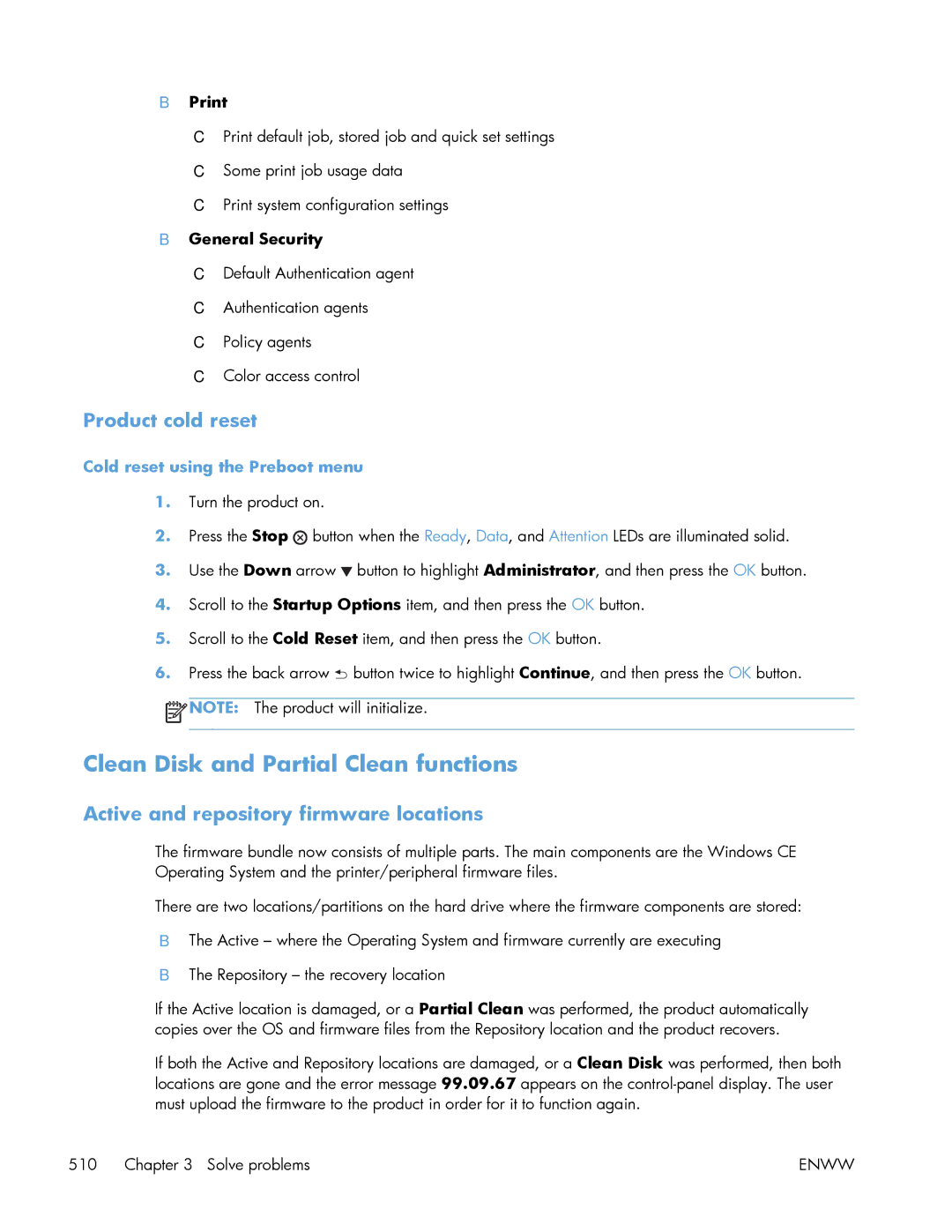 HP Enterprise 500 Clean Disk and Partial Clean functions, Product cold reset, Active and repository firmware locations 