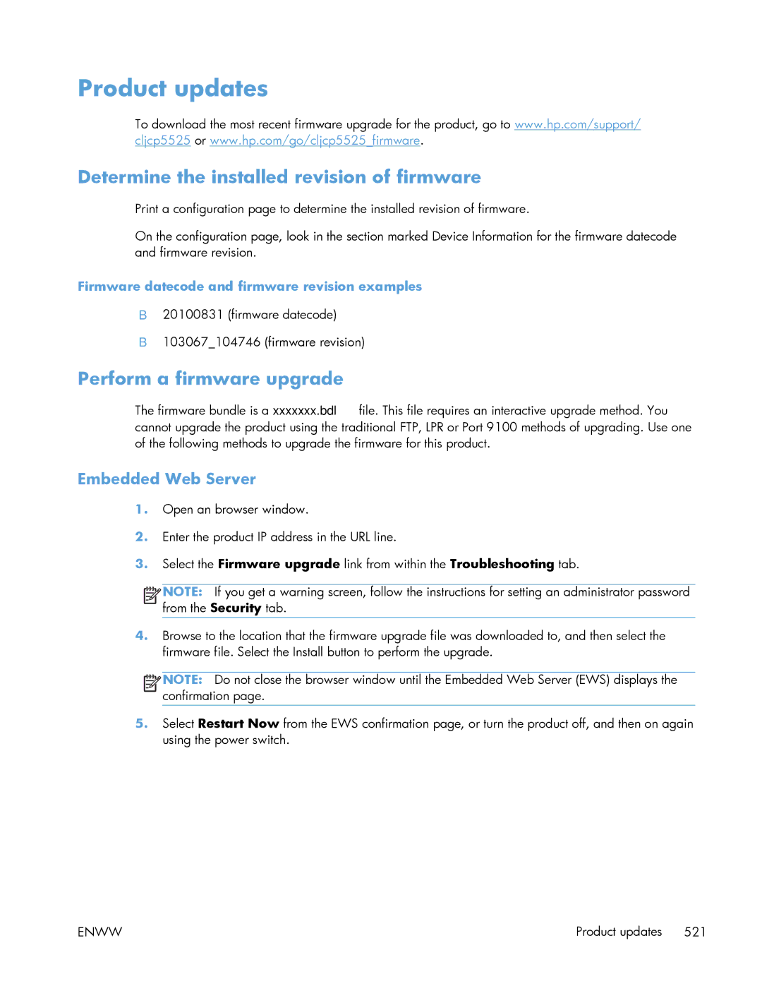 HP Enterprise 500 manual Product updates, Determine the installed revision of firmware, Perform a firmware upgrade 