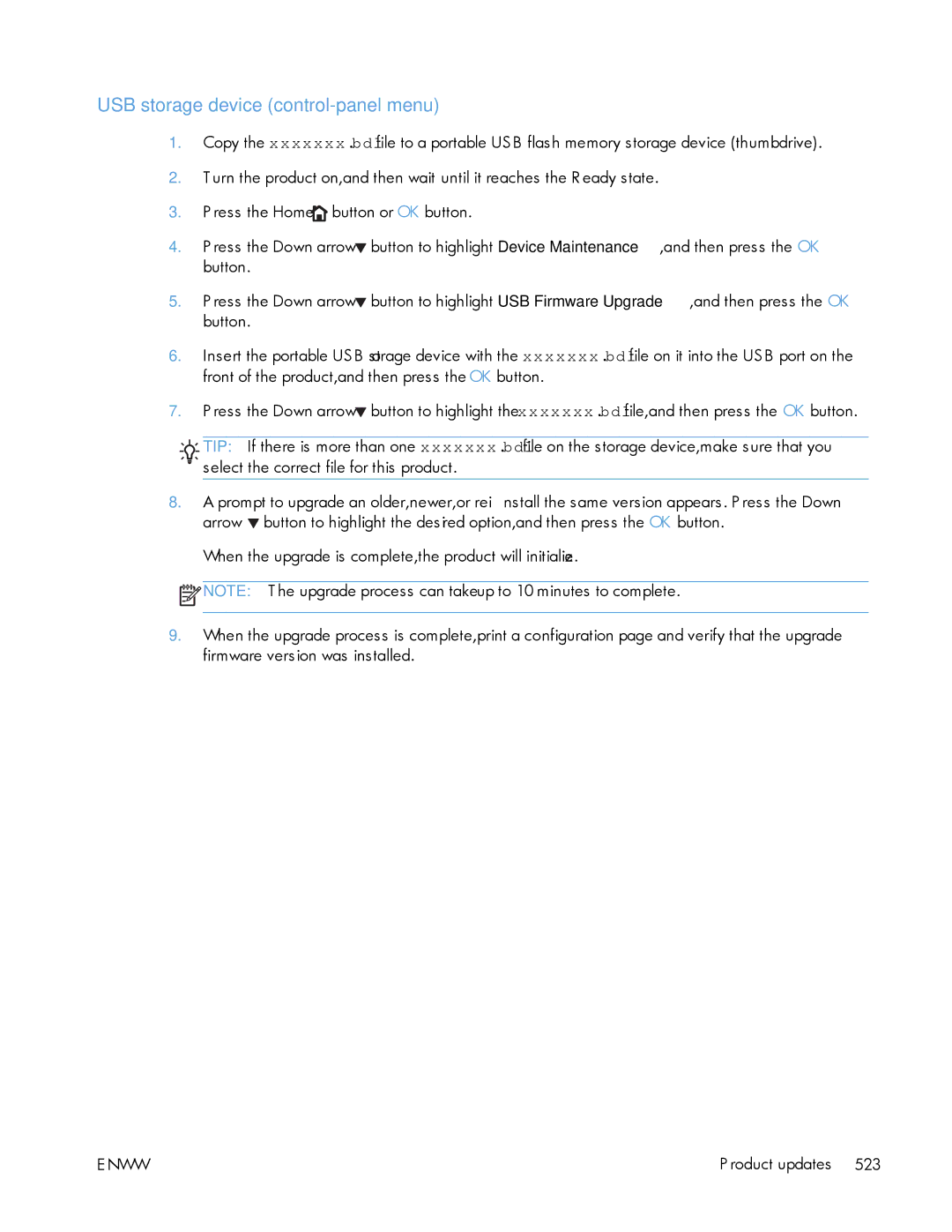 HP Enterprise 500 manual USB storage device control-panel menu 