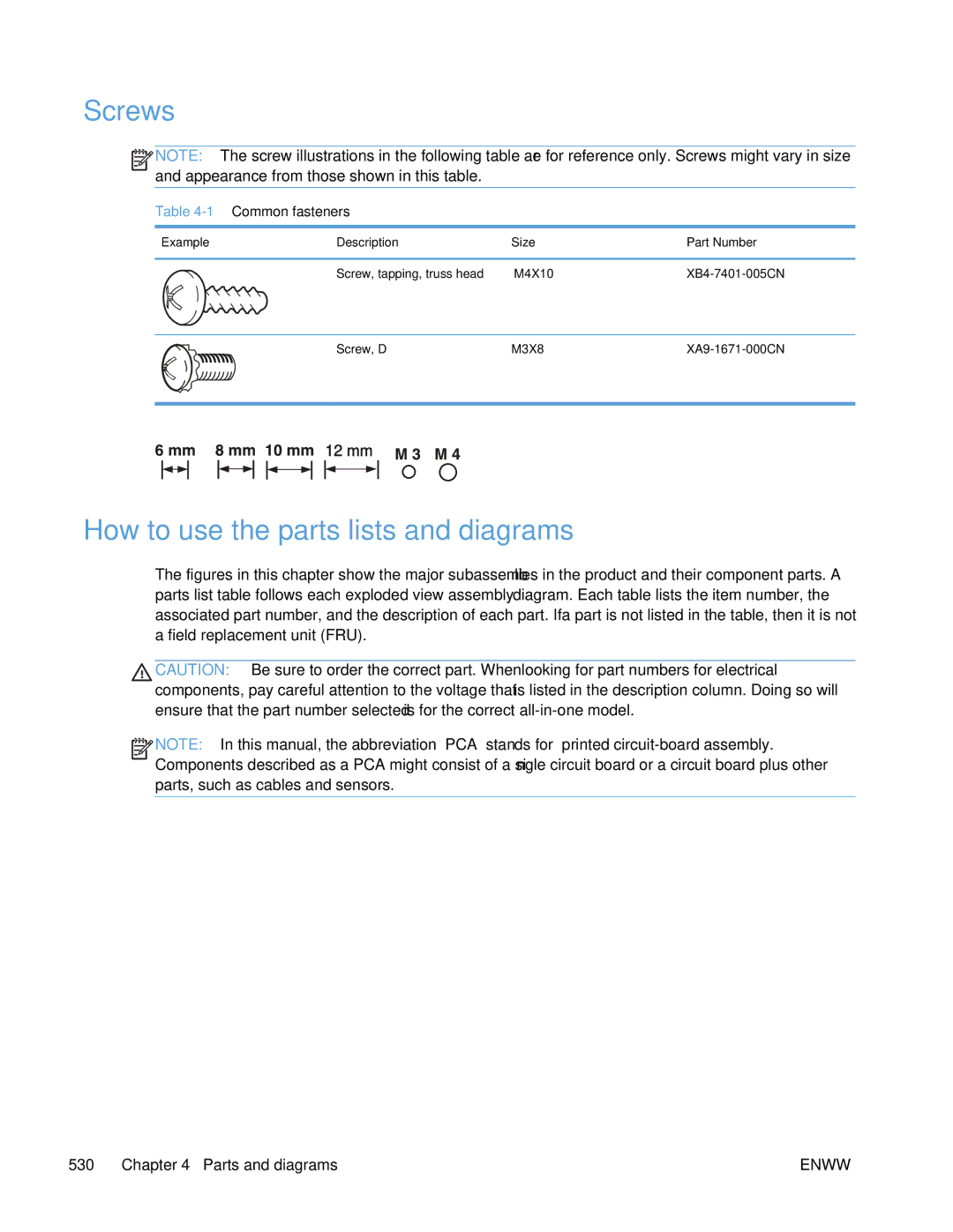 HP Enterprise 500 manual Screws, How to use the parts lists and diagrams, Common fasteners 