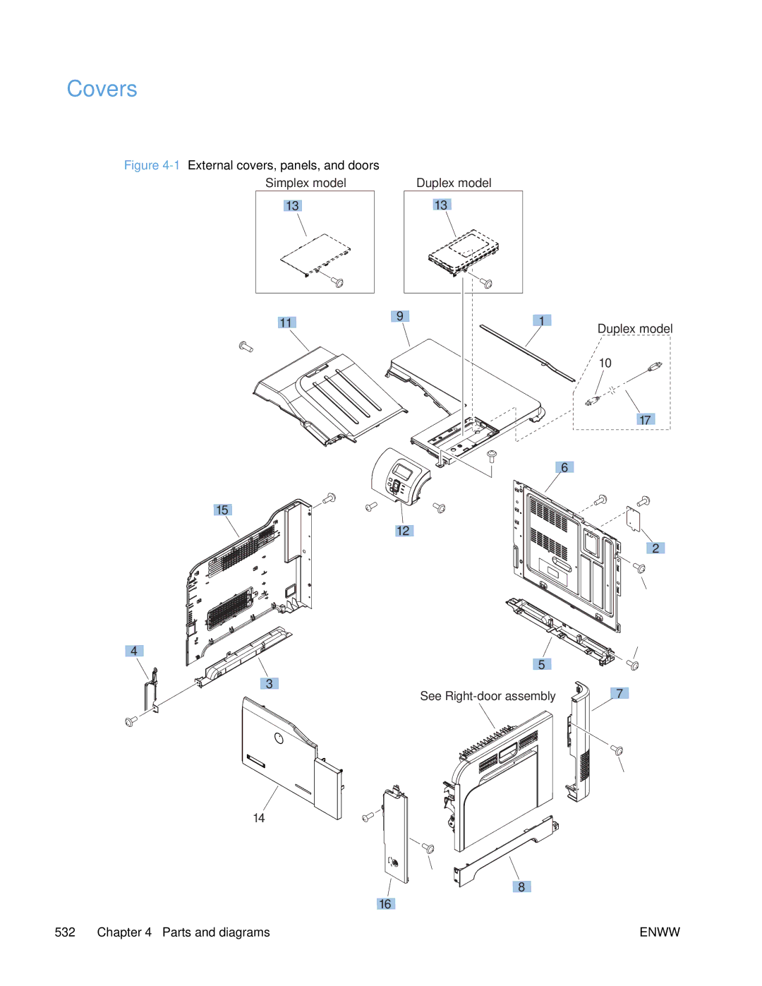 HP Enterprise 500 manual Simplex model Duplex model See Right-door assembly 