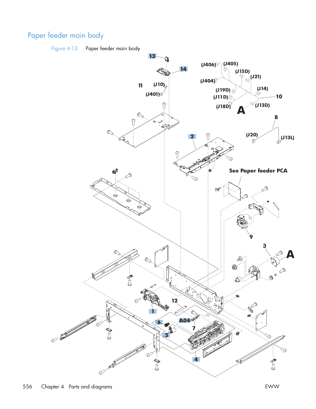 HP Enterprise 500 manual 13Paper feeder main body Parts and diagrams 