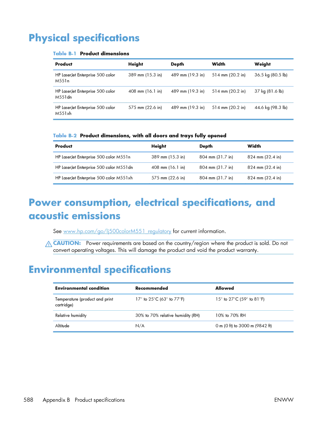 HP Enterprise 500 manual Physical specifications, Table B-1Product dimensions, Product Height Depth Width Weight 