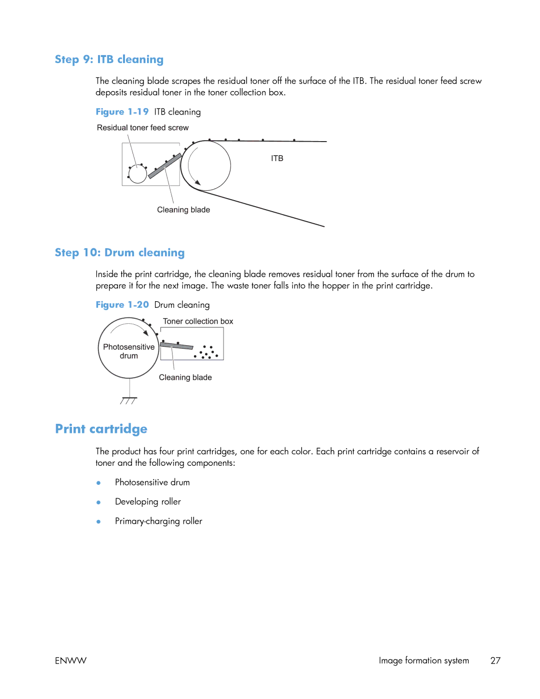 HP Enterprise 500 manual Print cartridge, ITB cleaning, Drum cleaning 