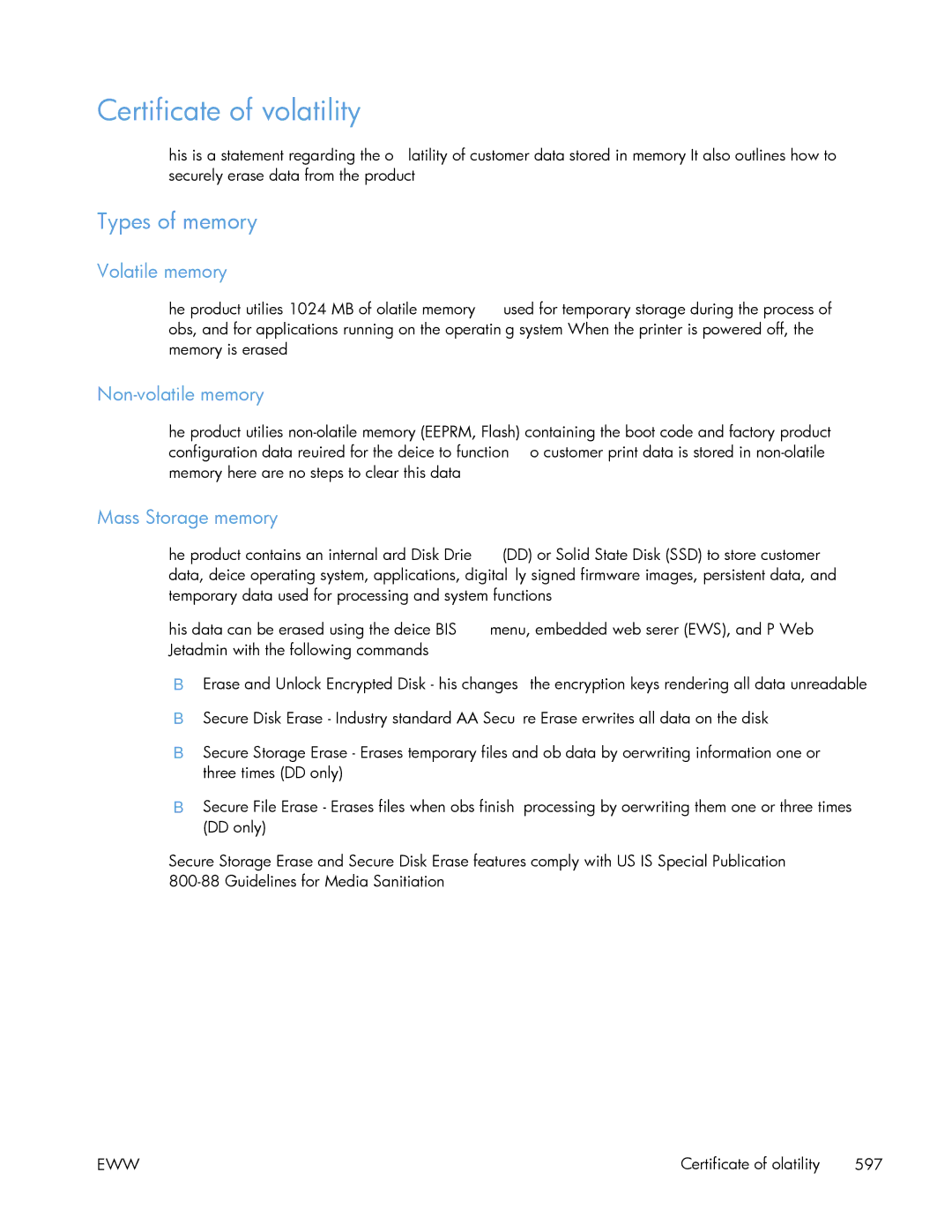 HP Enterprise 500 Certificate of volatility, Types of memory, Volatile memory, Non-volatile memory, Mass Storage memory 