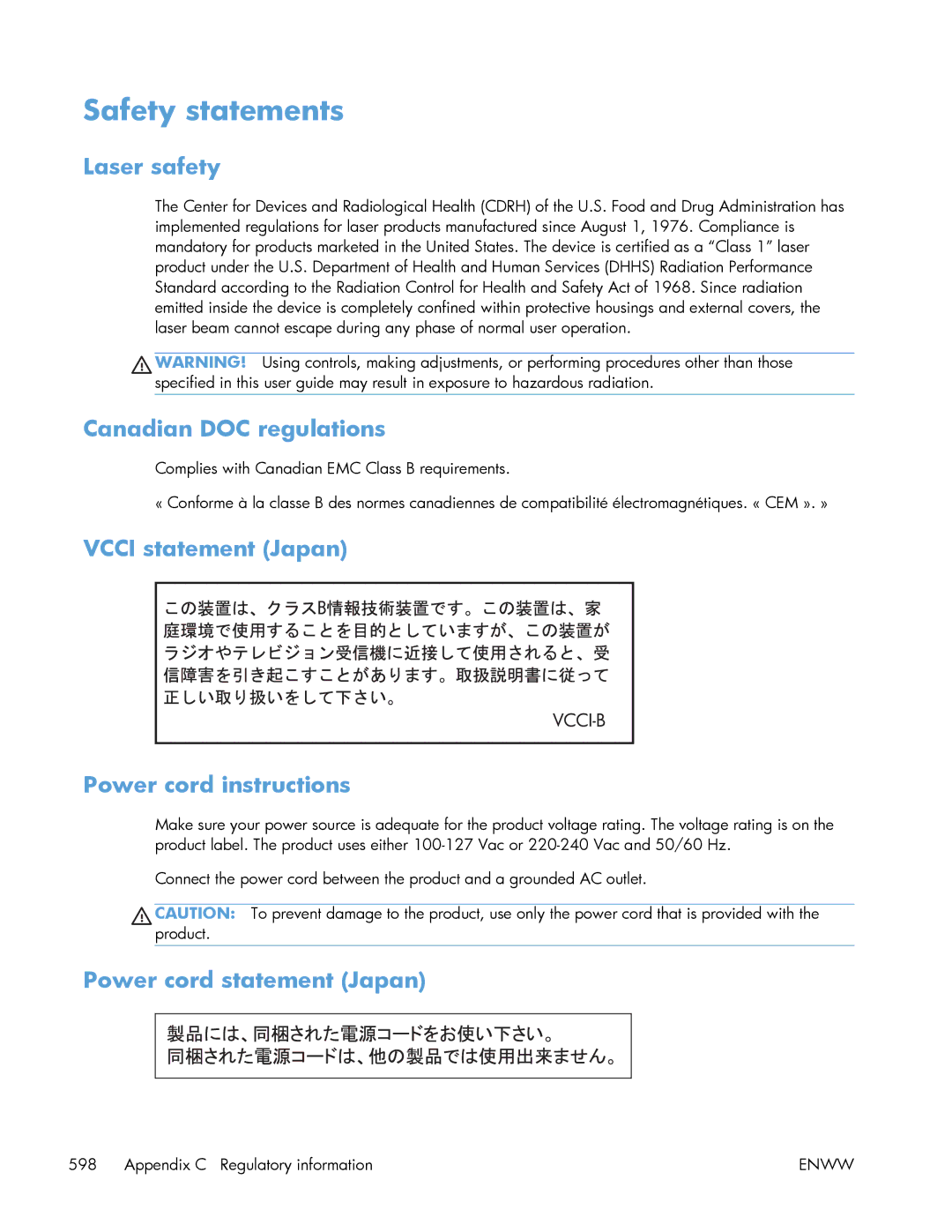 HP Enterprise 500 Safety statements, Laser safety, Canadian DOC regulations, Vcci statement Japan Power cord instructions 