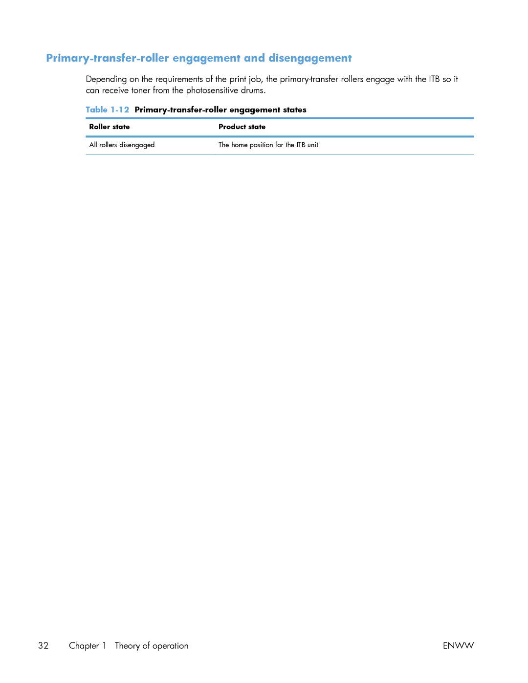 HP Enterprise 500 manual Primary-transfer-roller engagement and disengagement, 12Primary-transfer-roller engagement states 