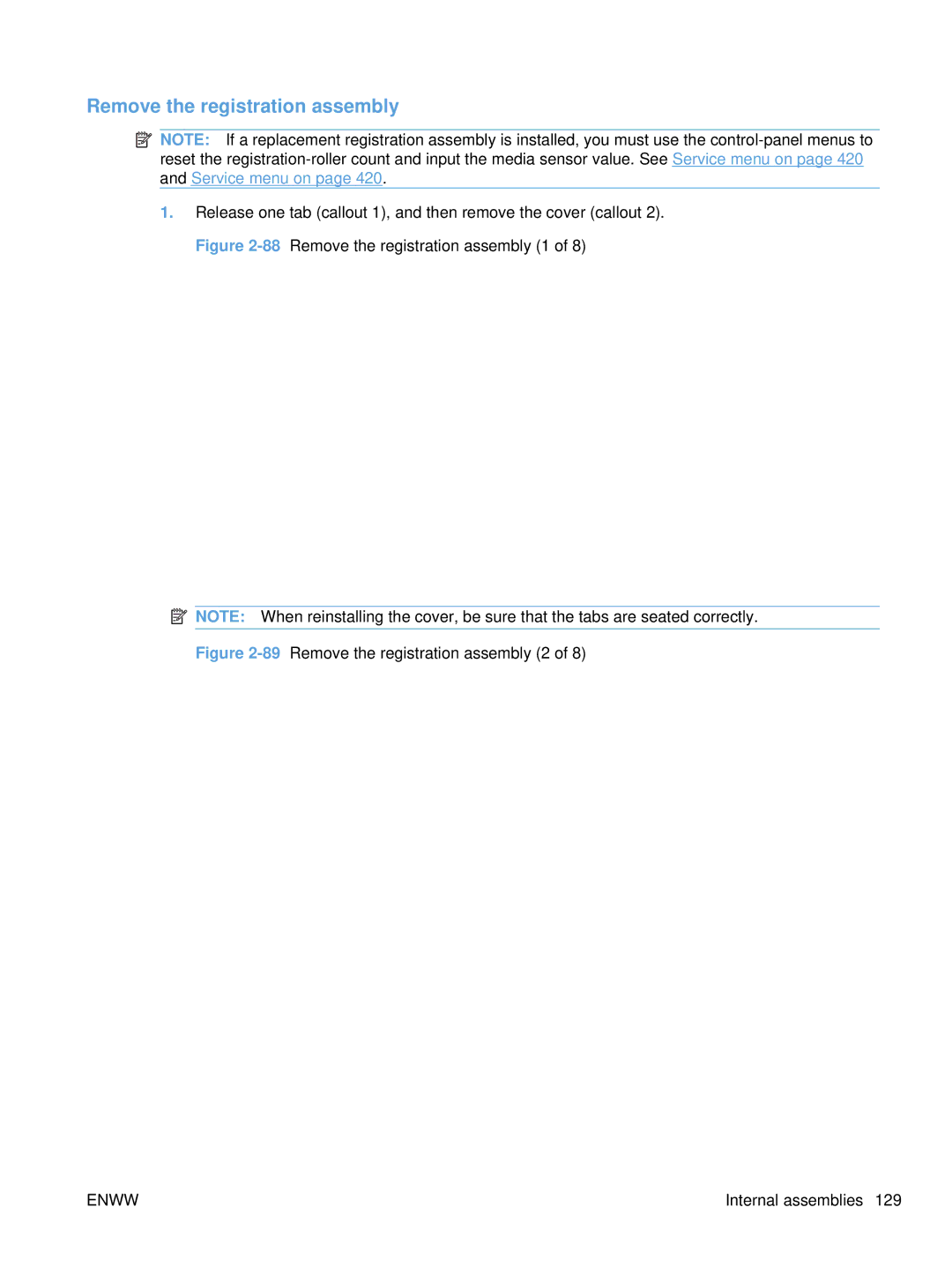 HP Enterprise CC490A manual 89Remove the registration assembly 2 