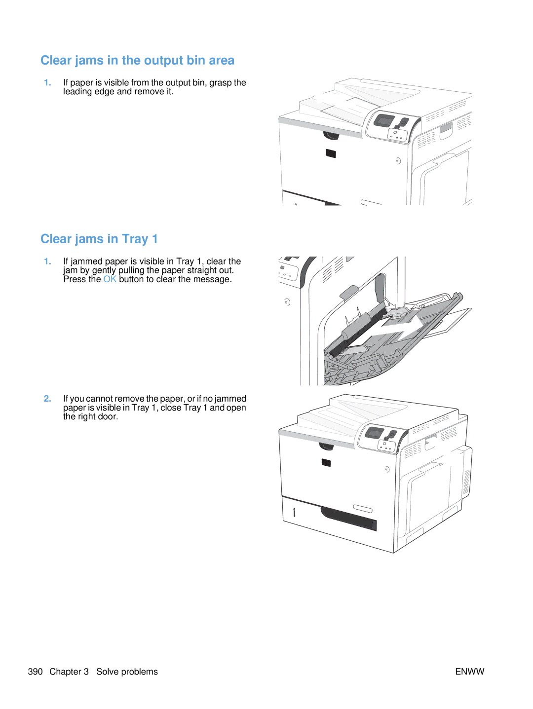 HP Enterprise CC490A manual Clear jams in the output bin area, Clear jams in Tray 